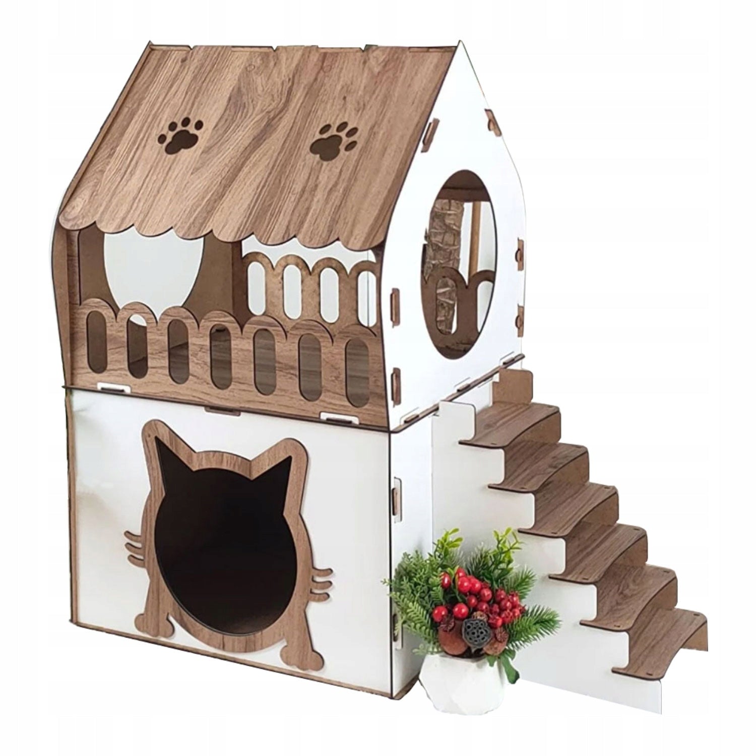 Wooden Cat House - 2 Levels Interior Bed Stylish MDF XL