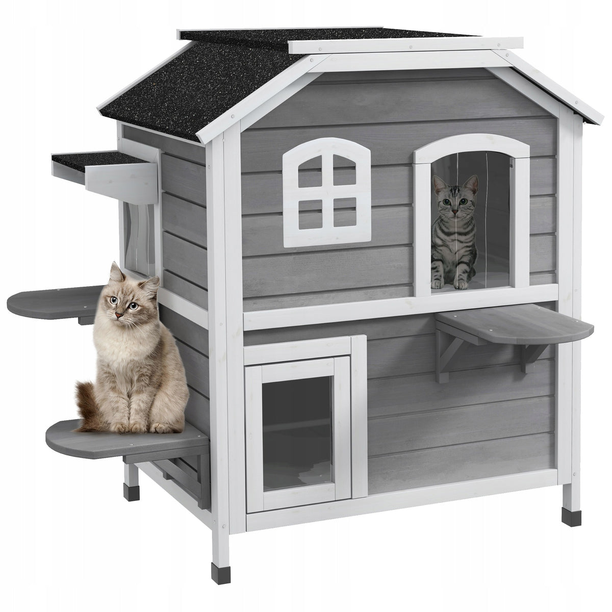 Wooden Cat House Outdoor 3 Stairs 2 Levels Booth Bed