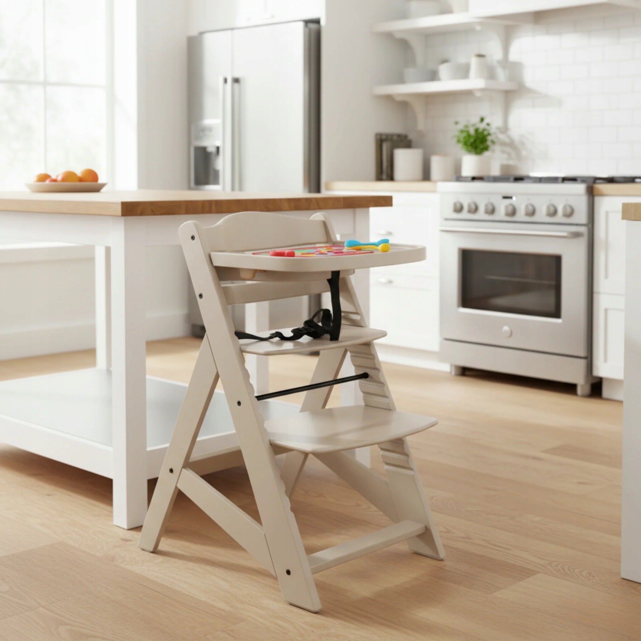 Wooden Feeding Chair Adjustable with Tray and Pillow - Beige Product weight with unit packaging 7 kg