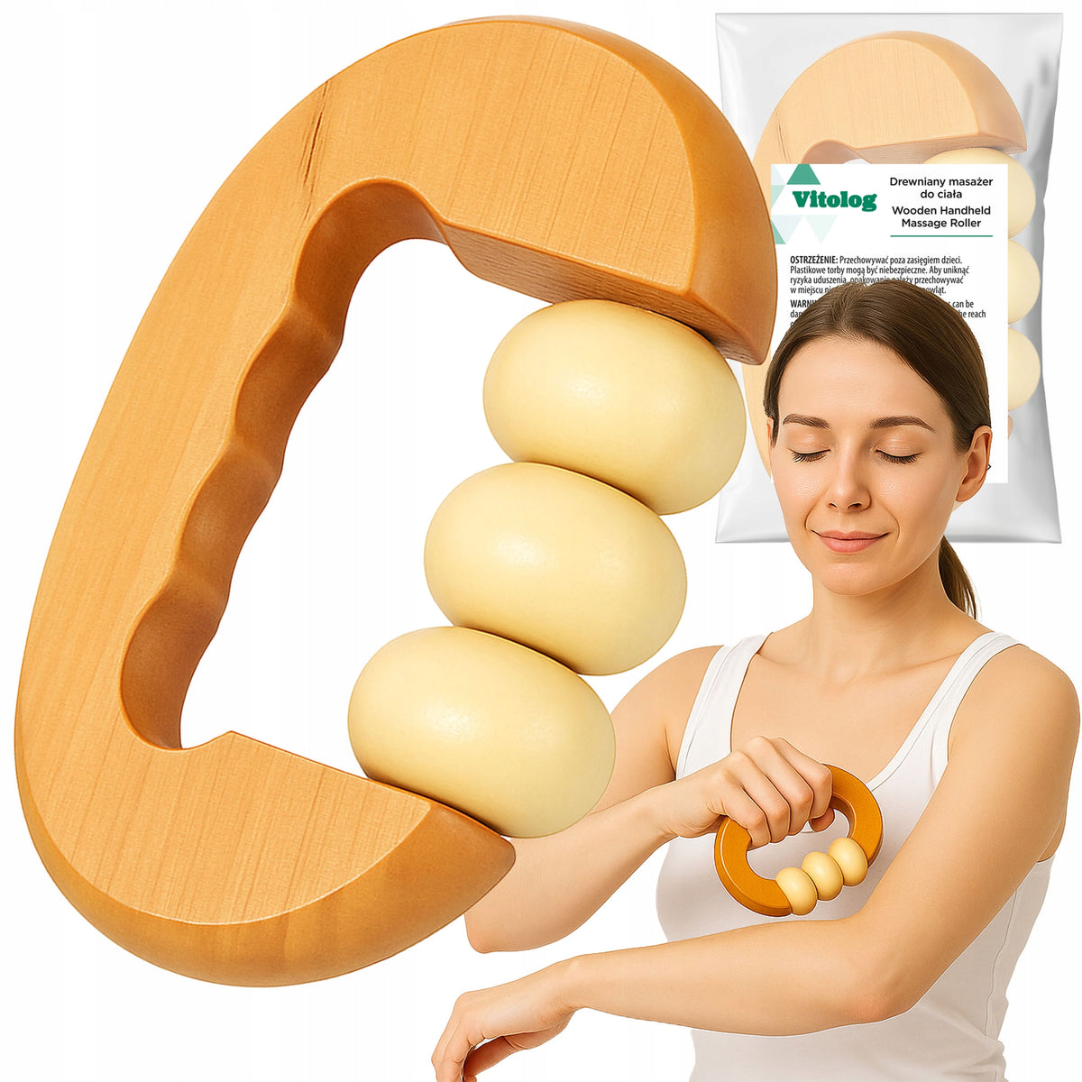 Wooden Handheld Abdominal Leg Body Massager Anti-Cellulite Roll for Mass