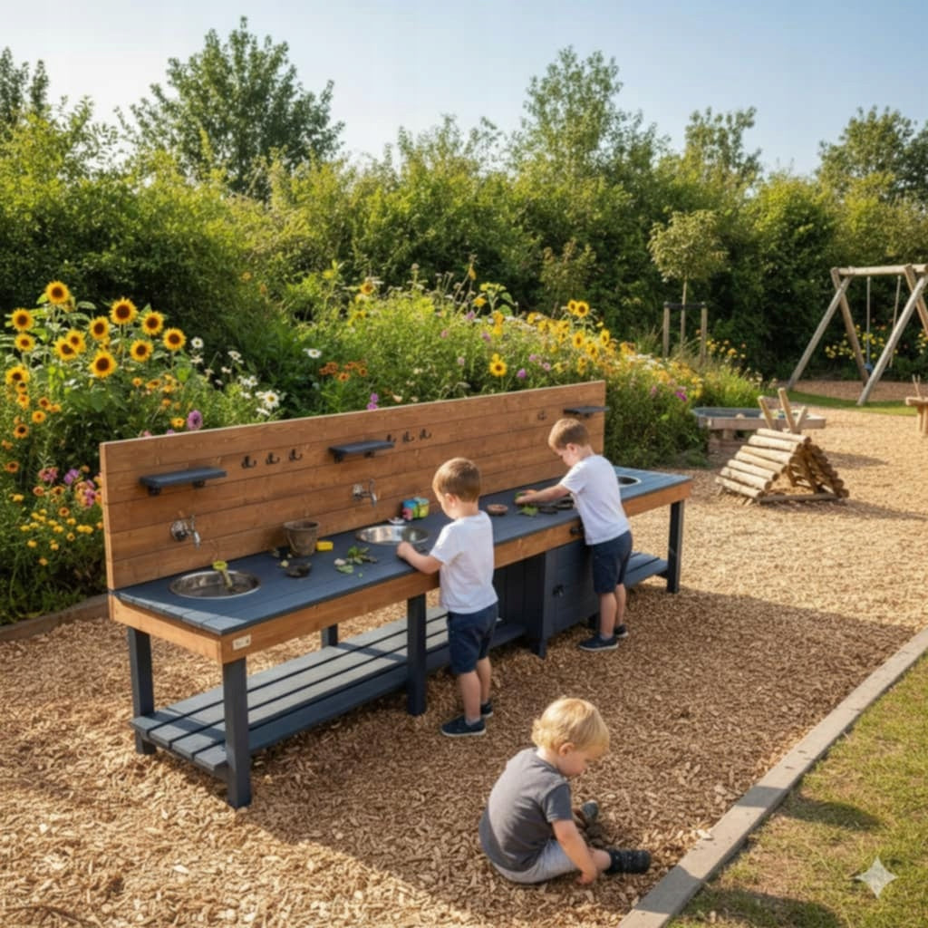 Wooden Mud Kitchen 300cm XXL, CERTIFICATE, GARDEN KITCHEN, CERTIFICATE
