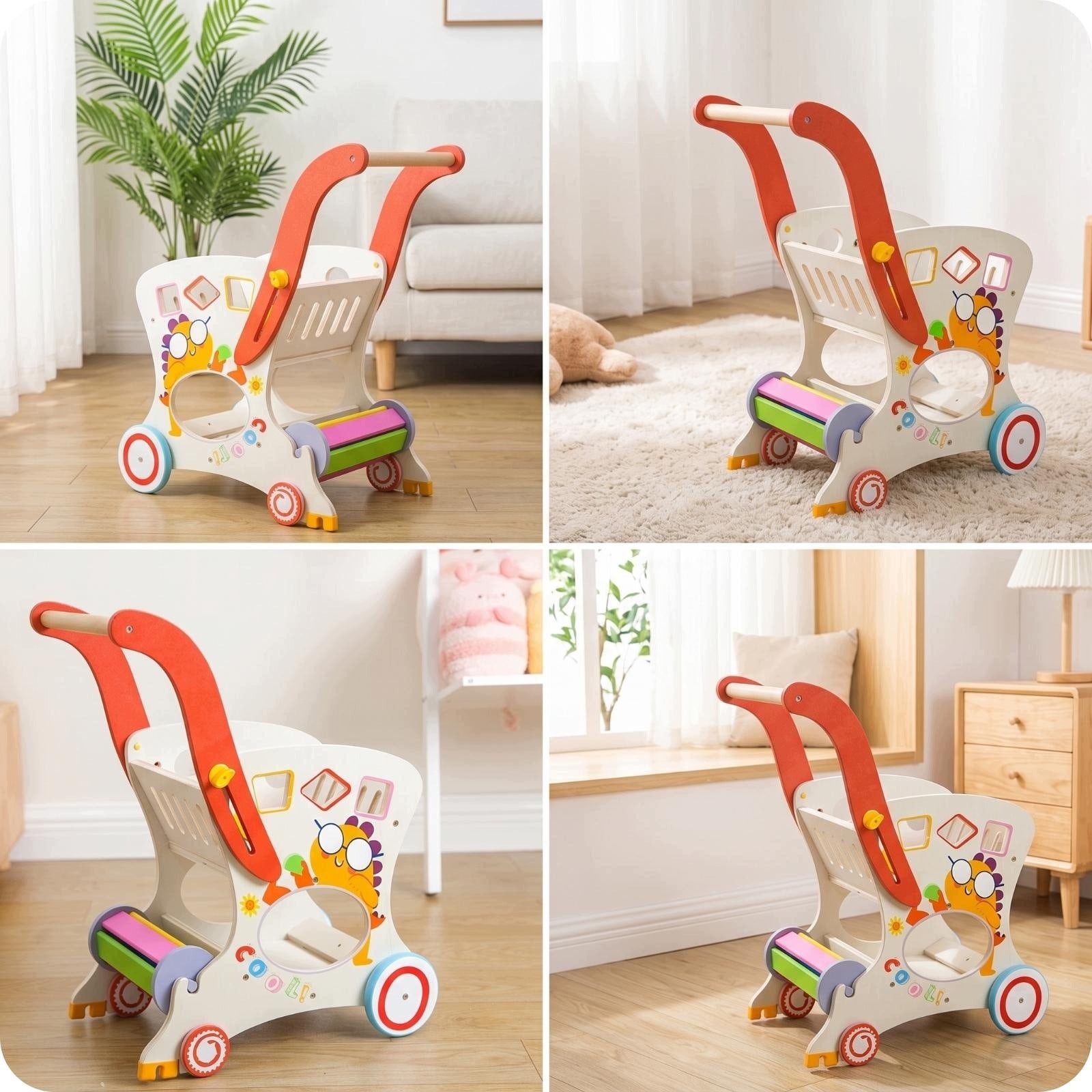 Wooden Push Stroller Toy Shopping Cart Playful Cartoon Print Packaging status original