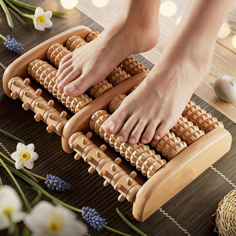 Wooden Roller Foot Massager, Waterproof, Natural Wood, 5 Rows Packaging status original