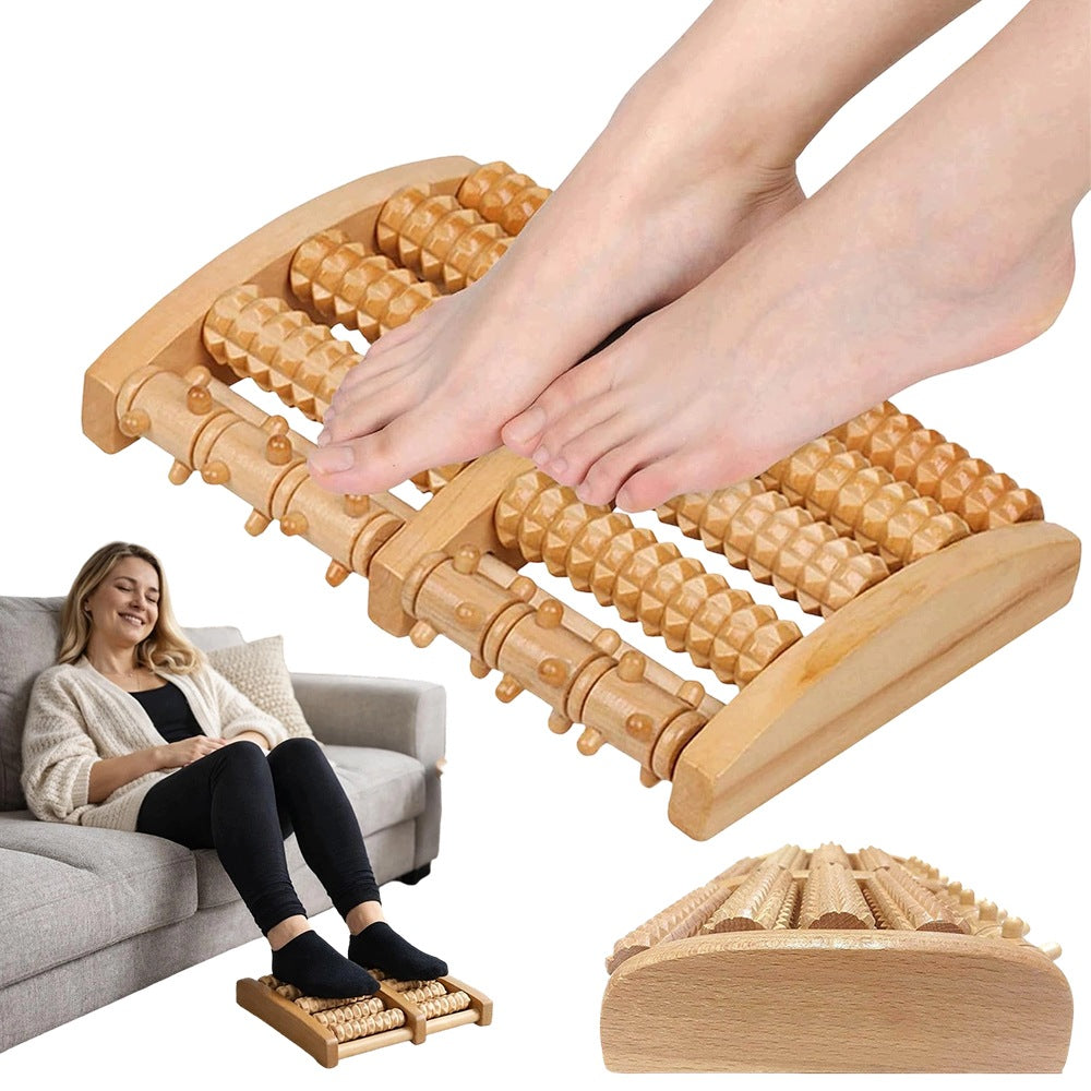 Wooden Roller Foot Massager, Waterproof, Natural Wood, 5 Rows