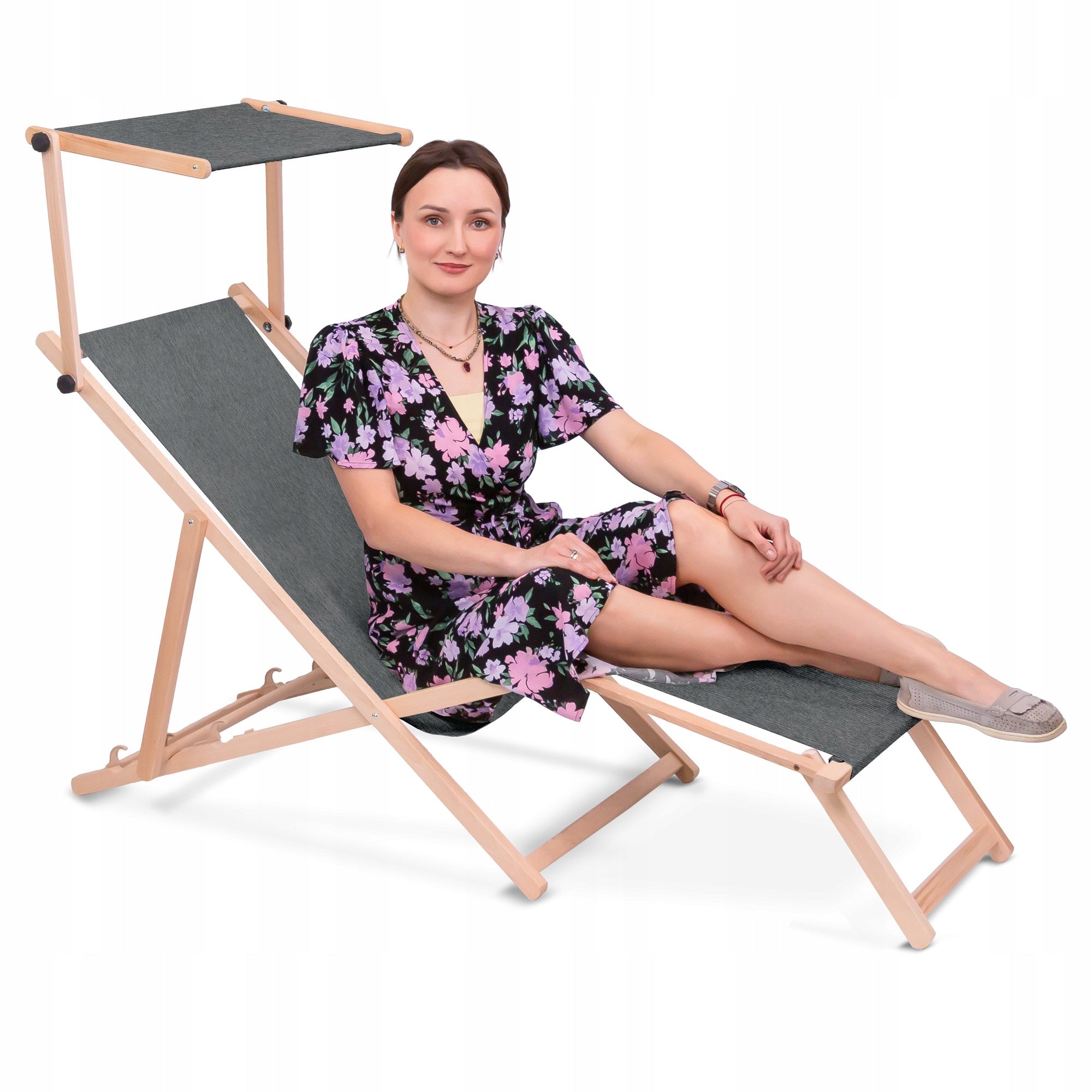 Wooden Sun Lounger with Canopy and Footrest Imitation Jeans for Garden Terrace Mix Color gray