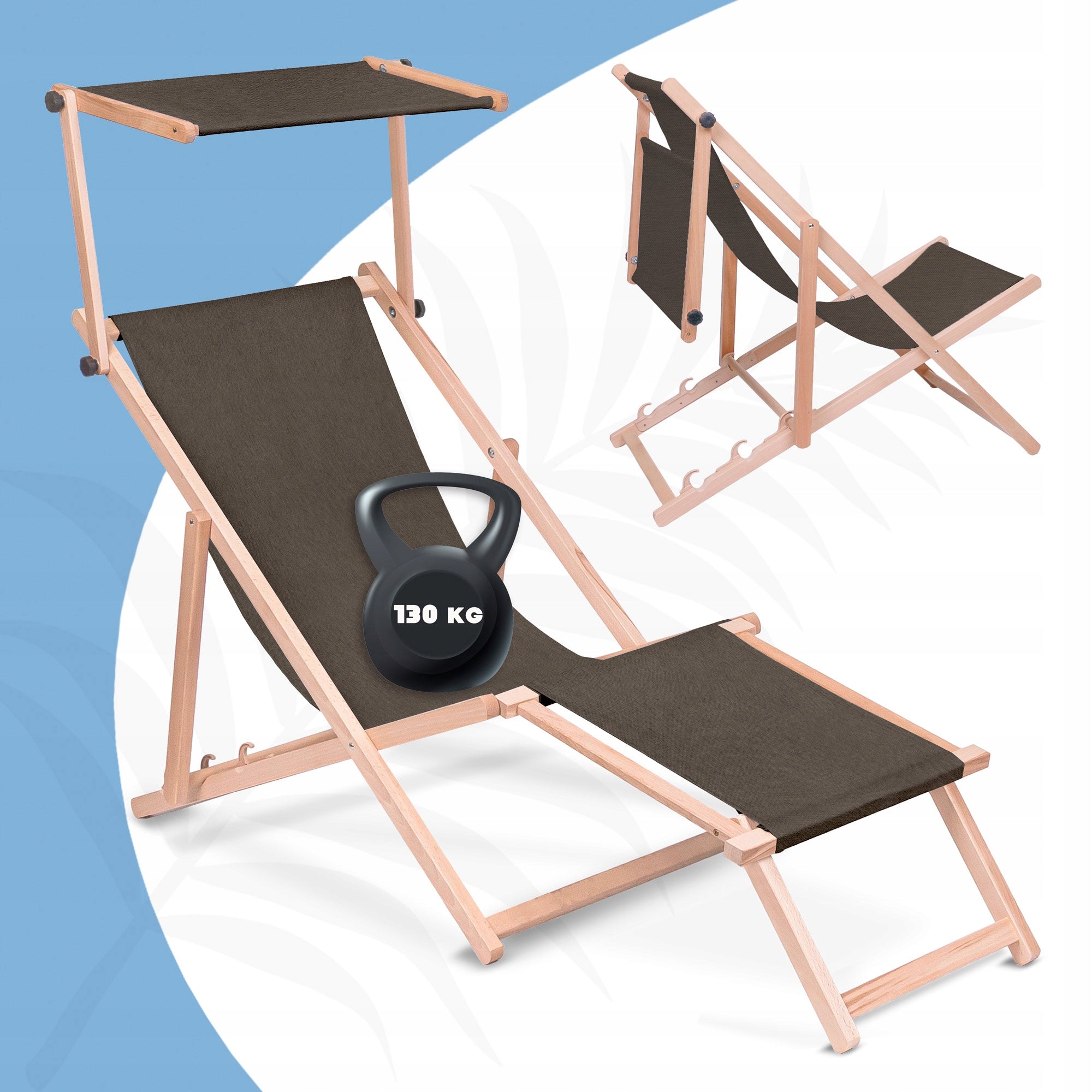 Wooden Sun Lounger with Canopy and Footrest Imitation Jeans for Garden Terrace Mix Frame material wood