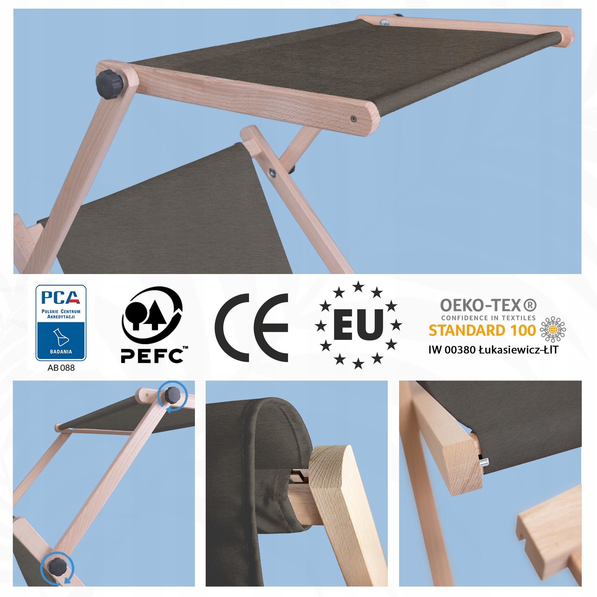 Wooden Sun Lounger with Canopy and Footrest Imitation Jeans for Garden Terrace Mix Manufacturer code 345