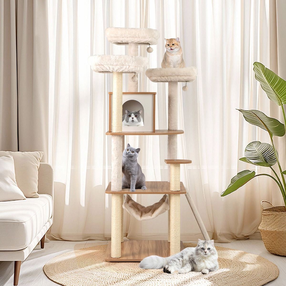 Wooden cat scratcher Bed with cat house and hammock Kind tall scratching post