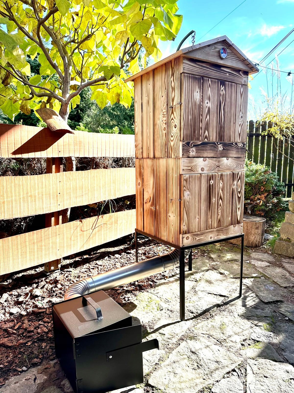 Wooden garden smoker LARGE complete SMOKEHOUSE hooks, FROM THE MANUFACTURER! Packaging status original