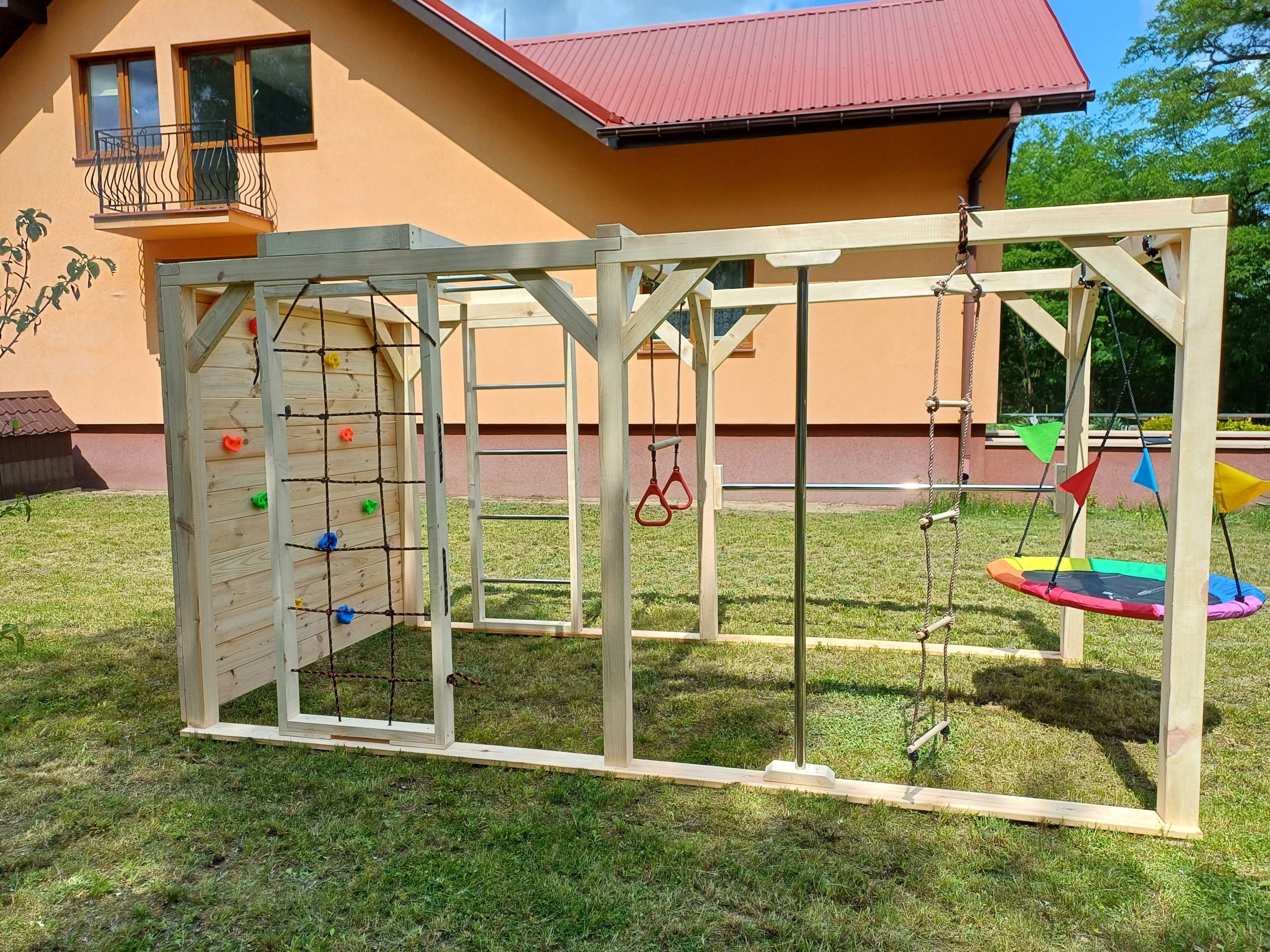 Wooden large square toys Monkey Grove "JAŚ"-climbing, swing, storks Included 2 single swings crow's nest ladder double swing single swing climbing dome ropes pipes climbing wall nets