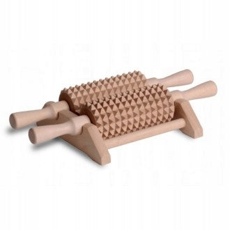 Wooden massager for feet and body wooden on a two-roller stand