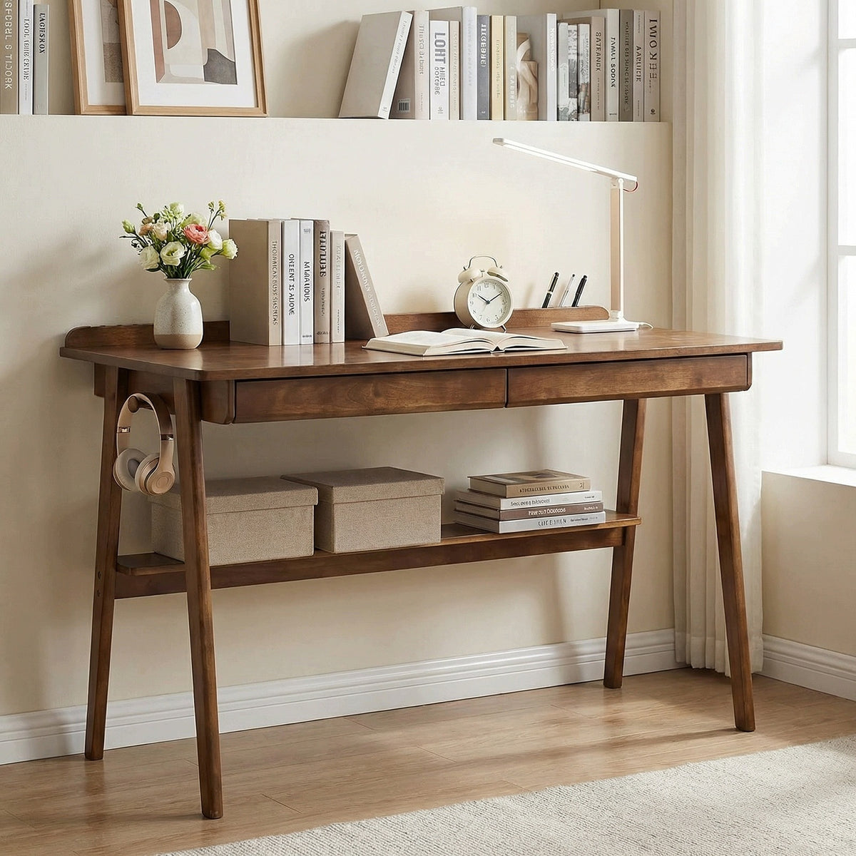 Wooden mid-century desk, 2 drawers, shelf, hook, walnut, for office Manufacturer code 8008918057071