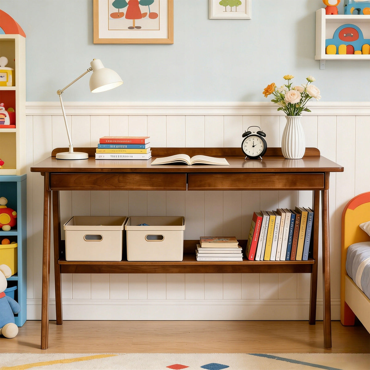 Wooden mid-century desk, 2 drawers, shelf, hook, walnut, for office Packaging status original