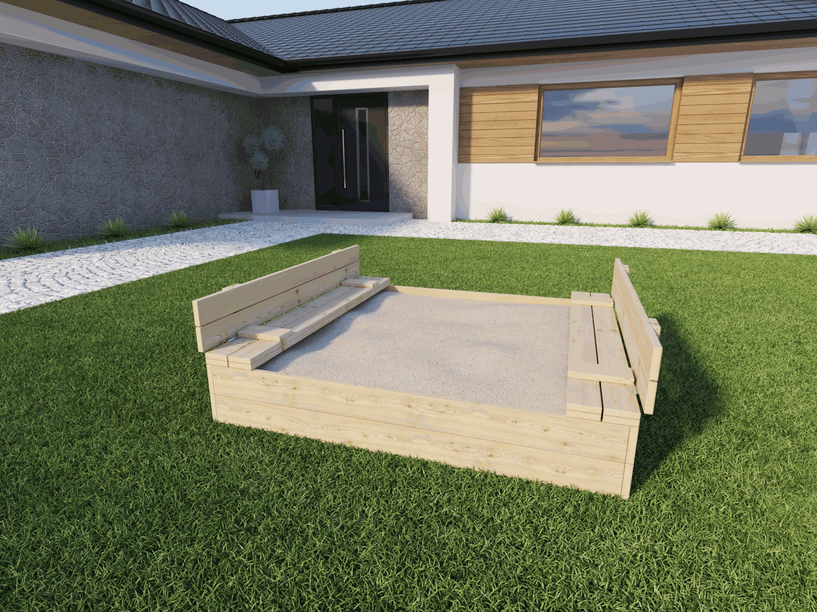 Wooden sandbox 120x120 with folding benches Kind wooden