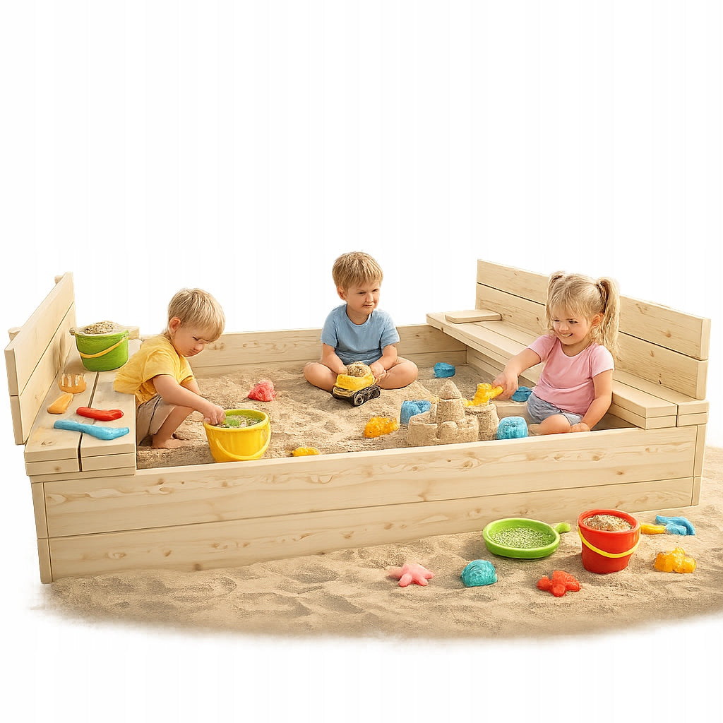 Wooden sandbox 120x120 with folding benches Manufacturer code Piaskownica 120x120 z Ławeczkami