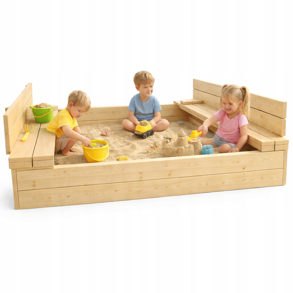 Wooden sandbox 120x120 with folding benches