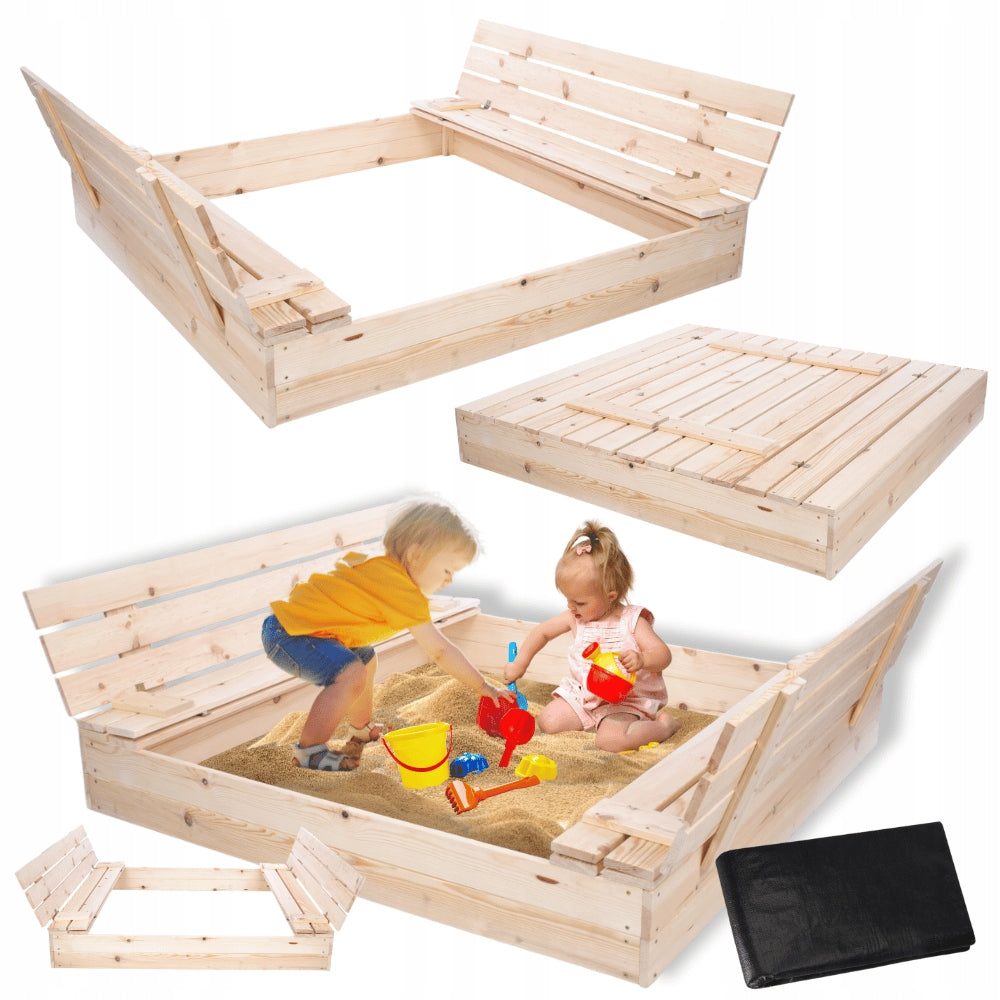 Wooden sandbox 140x140 with benches AGROTEXTILE covers the backrest