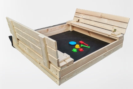 Wooden sandbox 170x150x25 cm with bench and lid closed large Kind wooden