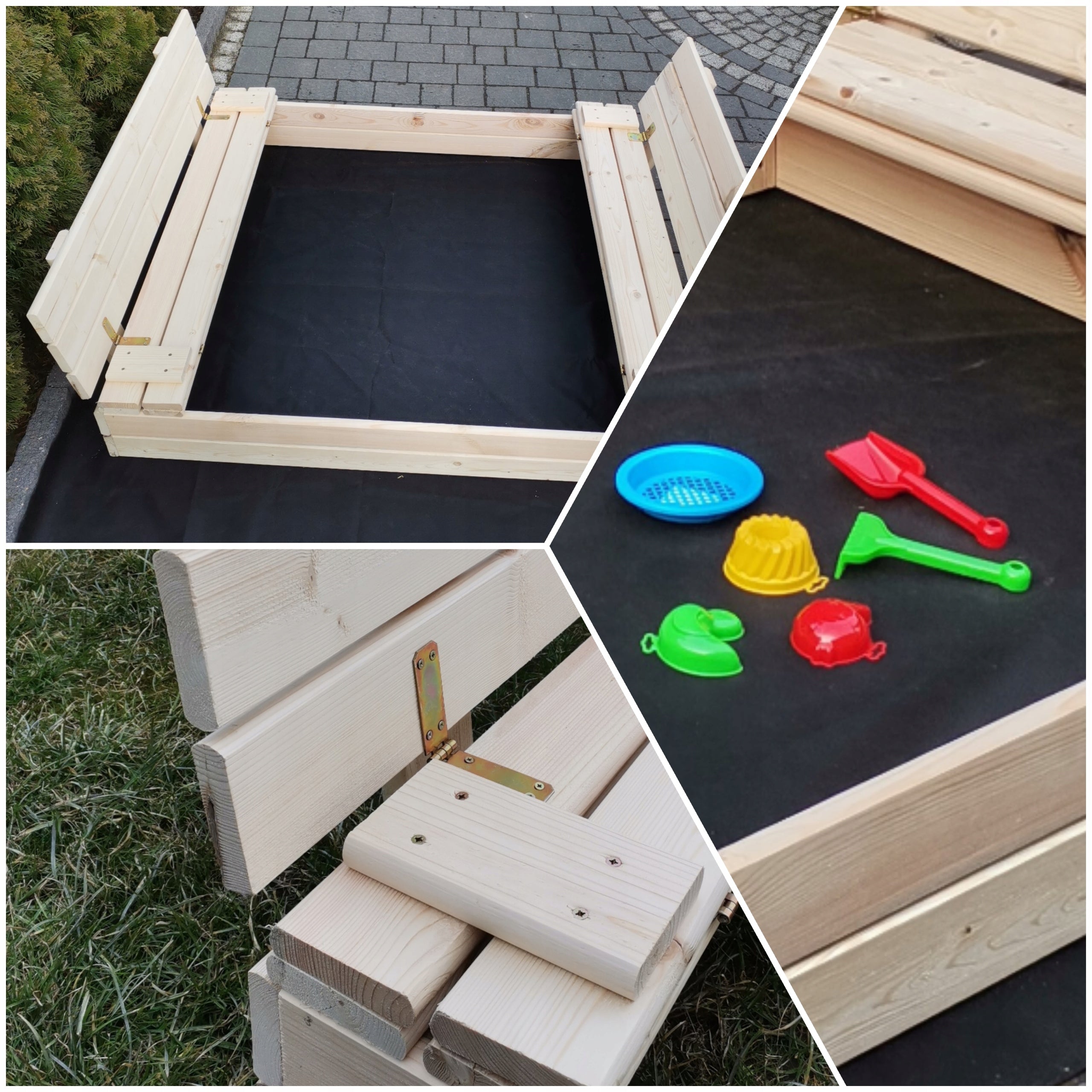 Wooden sandbox 170x150x25 cm with bench and lid closed large Packaging status original