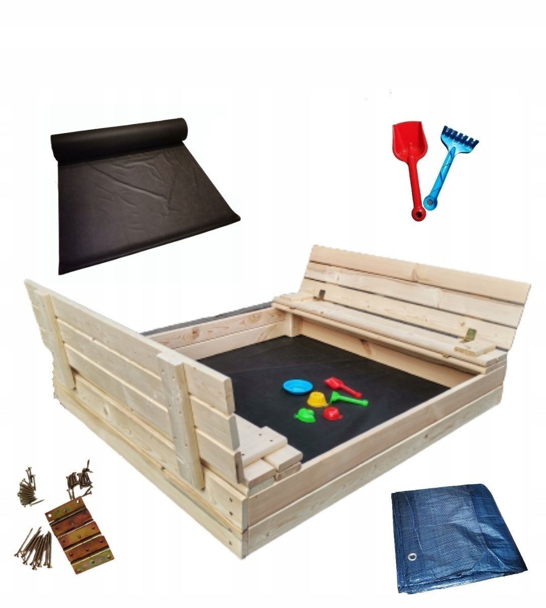 Wooden sandbox 170x150x25 cm with bench and lid closed large