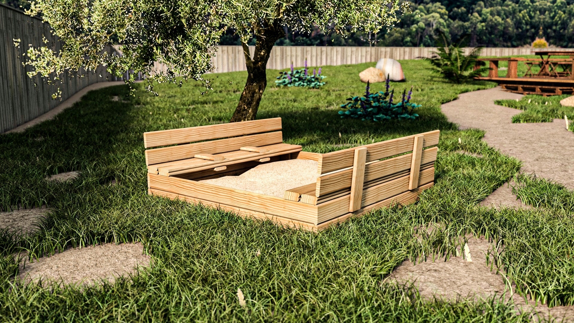 Wooden sandbox CLOSED 120x120 with Benches large + Freebie Agrotextile Length 120 cm