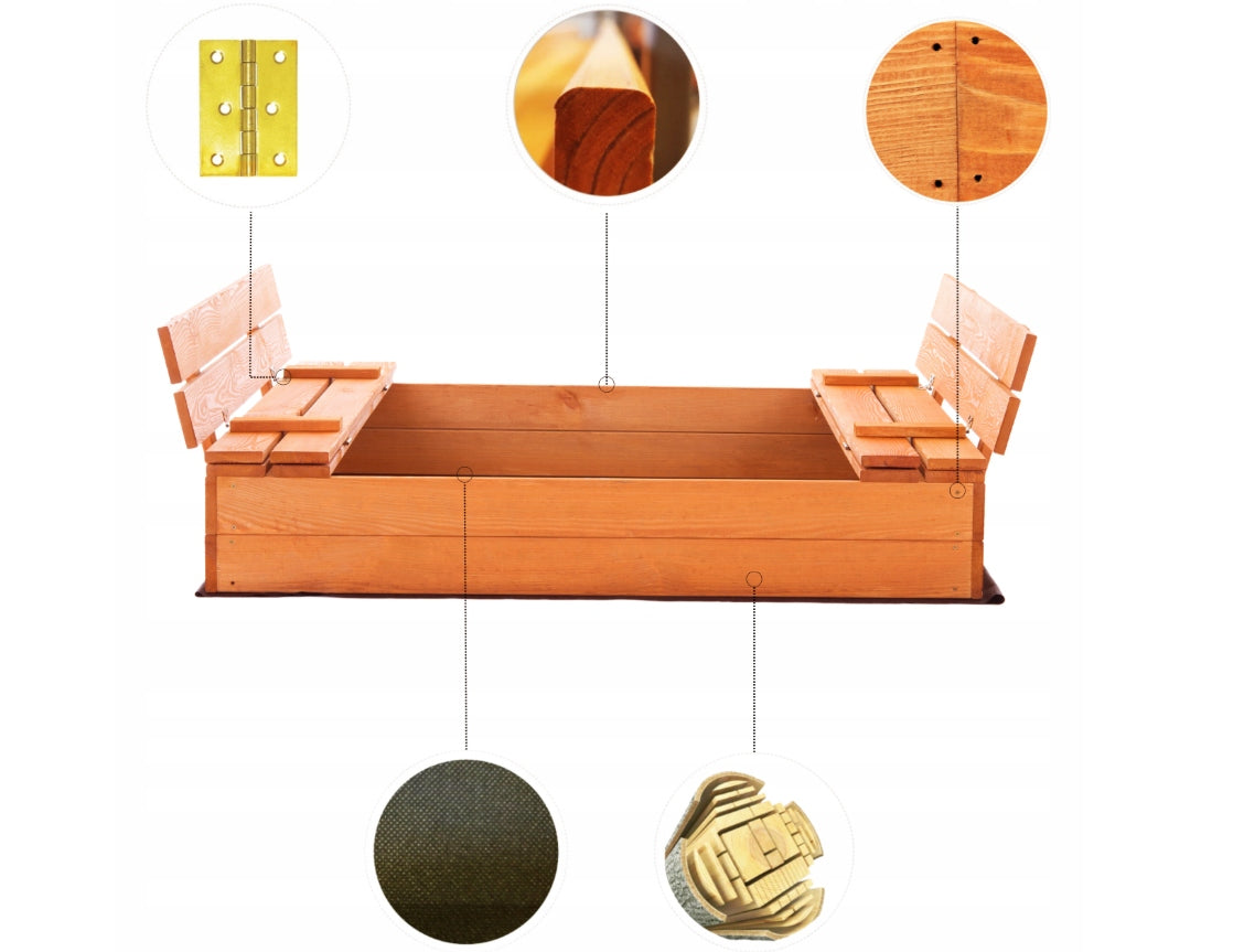 Wooden sandbox CLOSED 120x120 with Benches large + Freebie Agrotextile Packaging status original