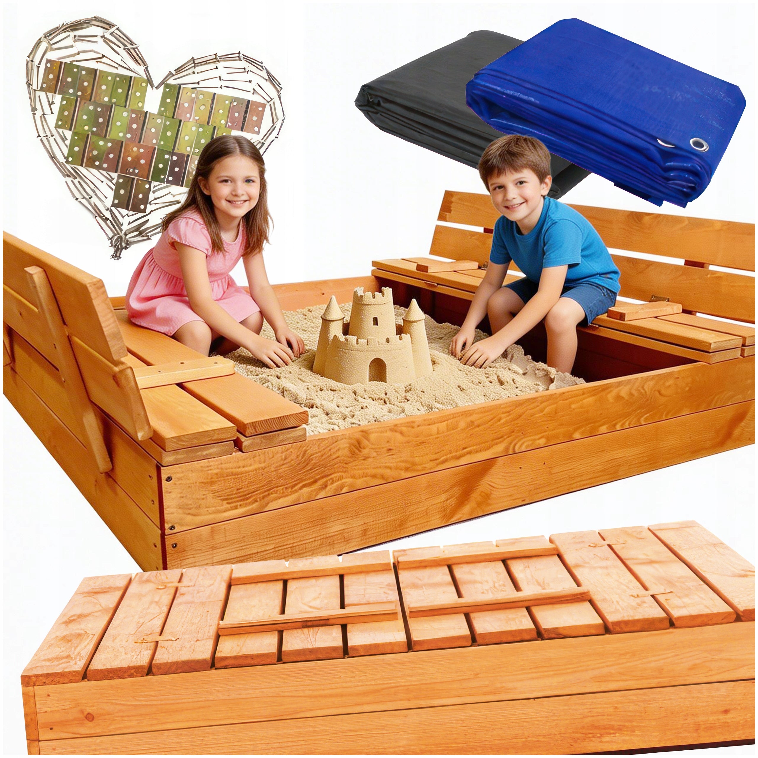Wooden sandbox CLOSED 120x120 with Benches large + Freebie Agrotextile