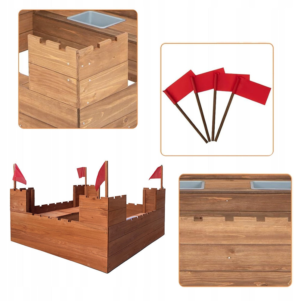 Wooden sandbox for children garden castle with benches containers XXL Length 113 cm