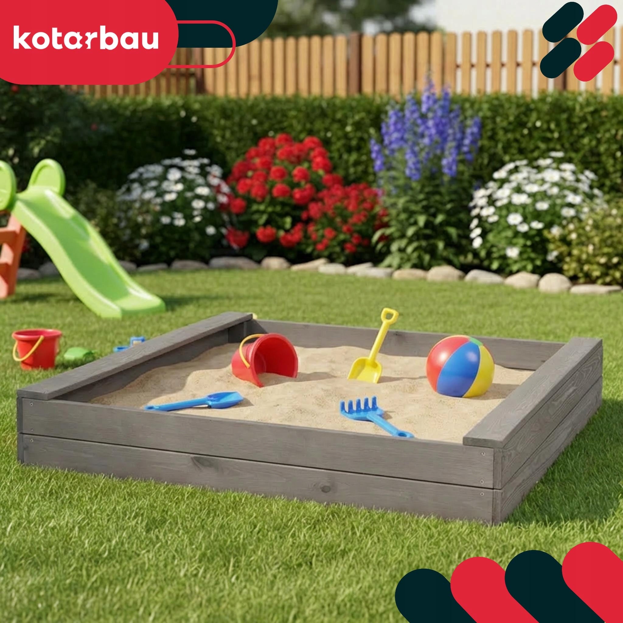 Wooden sandbox for children toddler garden slim grey 140x140 cm Packaging status original