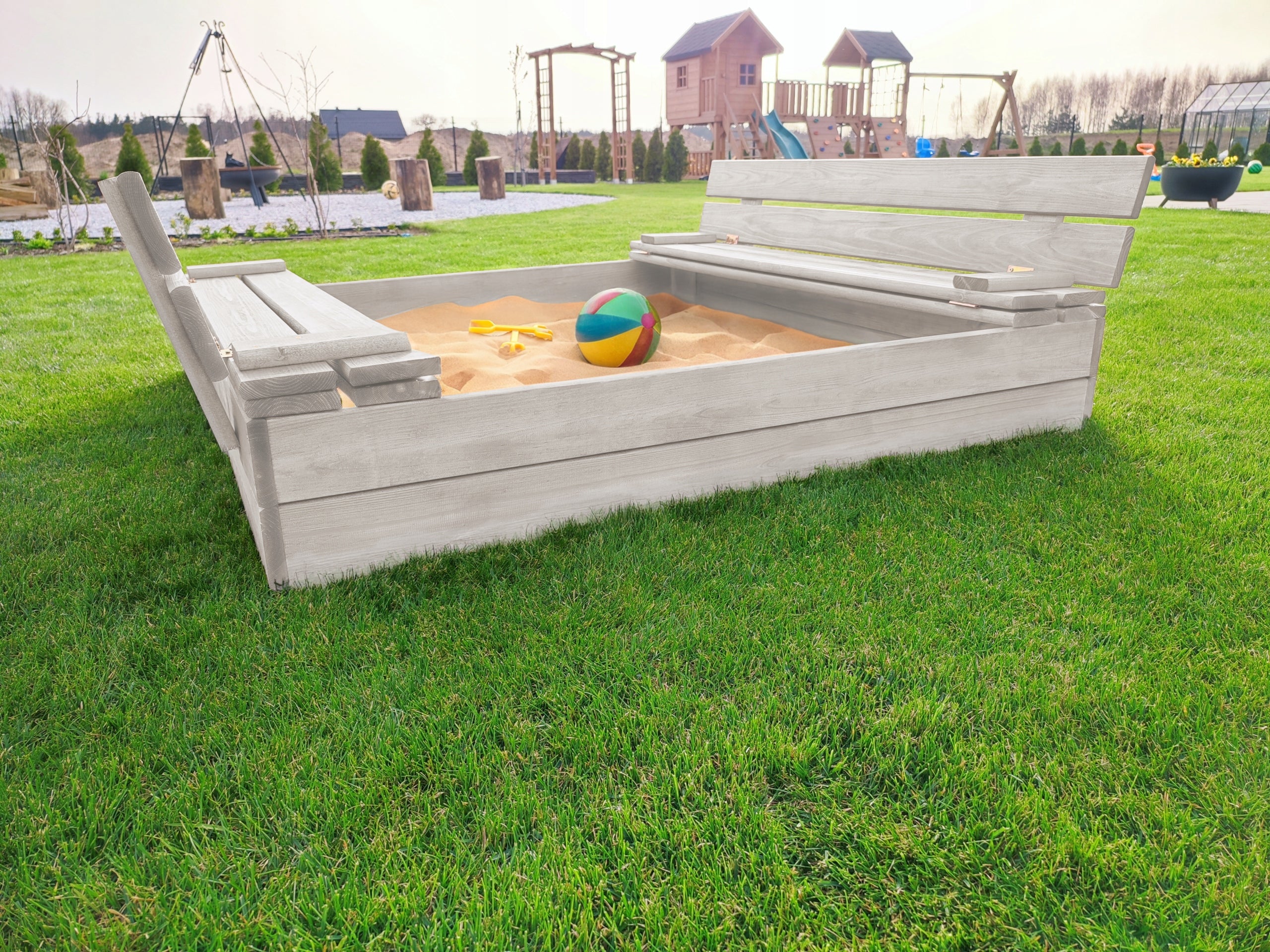 Wooden sandbox with bench IMPREGNATED lockable mat BOTTOM GARDEN SET Manufacturer code PIASKOWNICA DLA DZIECI DREWNIANA IMPREGNOWANA