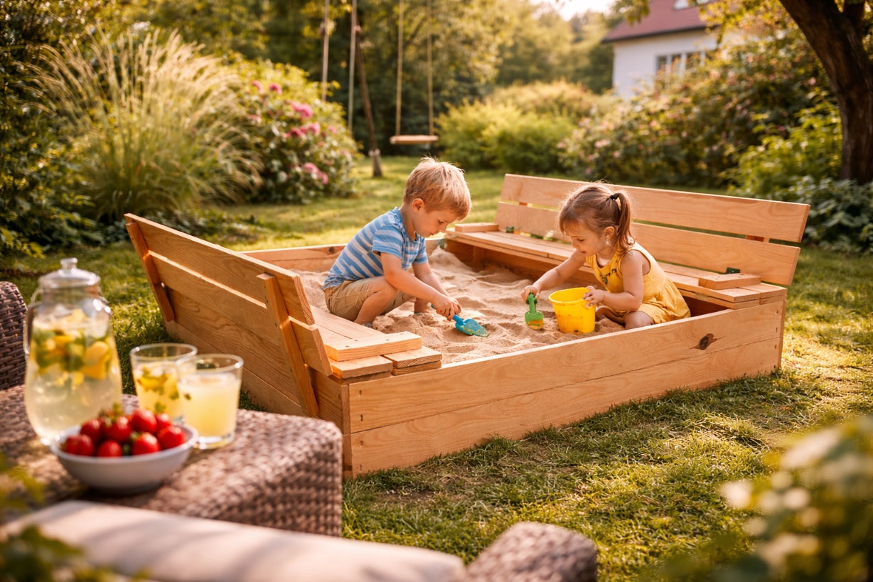 Wooden sandbox with benches large lockable for children 120cm Kid's age 0＋