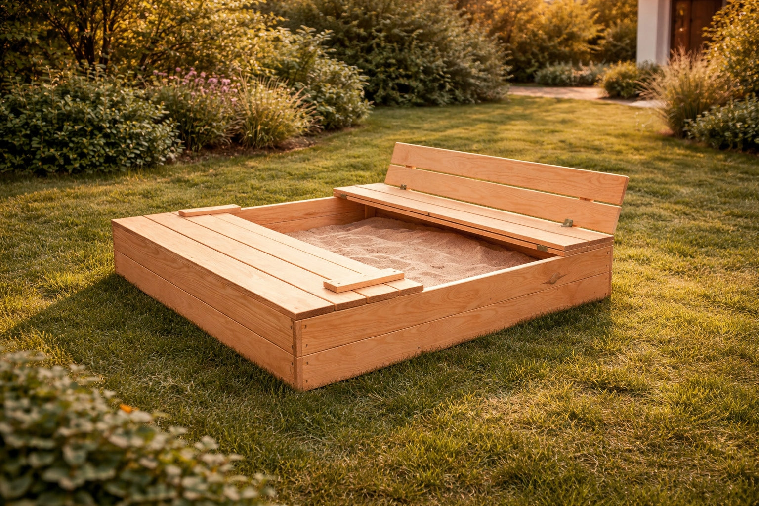 Wooden sandbox with benches large lockable for children 120cm Kind wooden