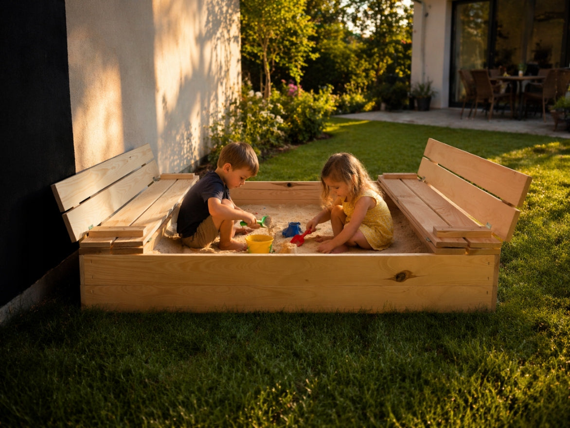 Wooden sandbox with benches large lockable for children 120cm Length 120 cm