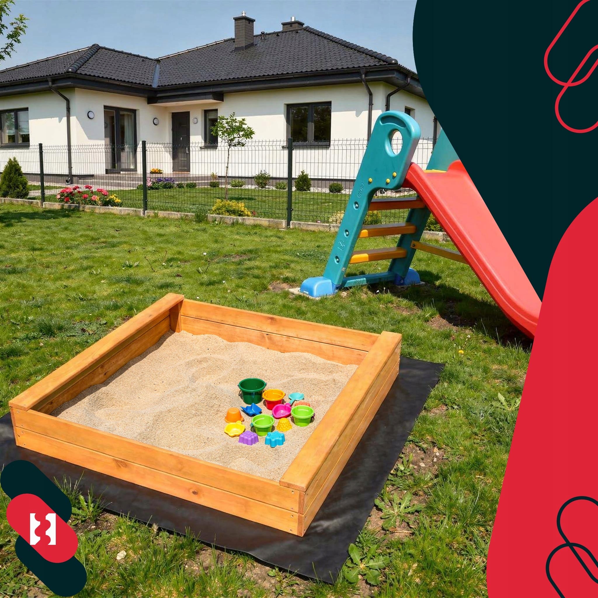 Wooden sandbox with garden benches for children brown 140x140 solid EAN (GTIN) 5904994149217