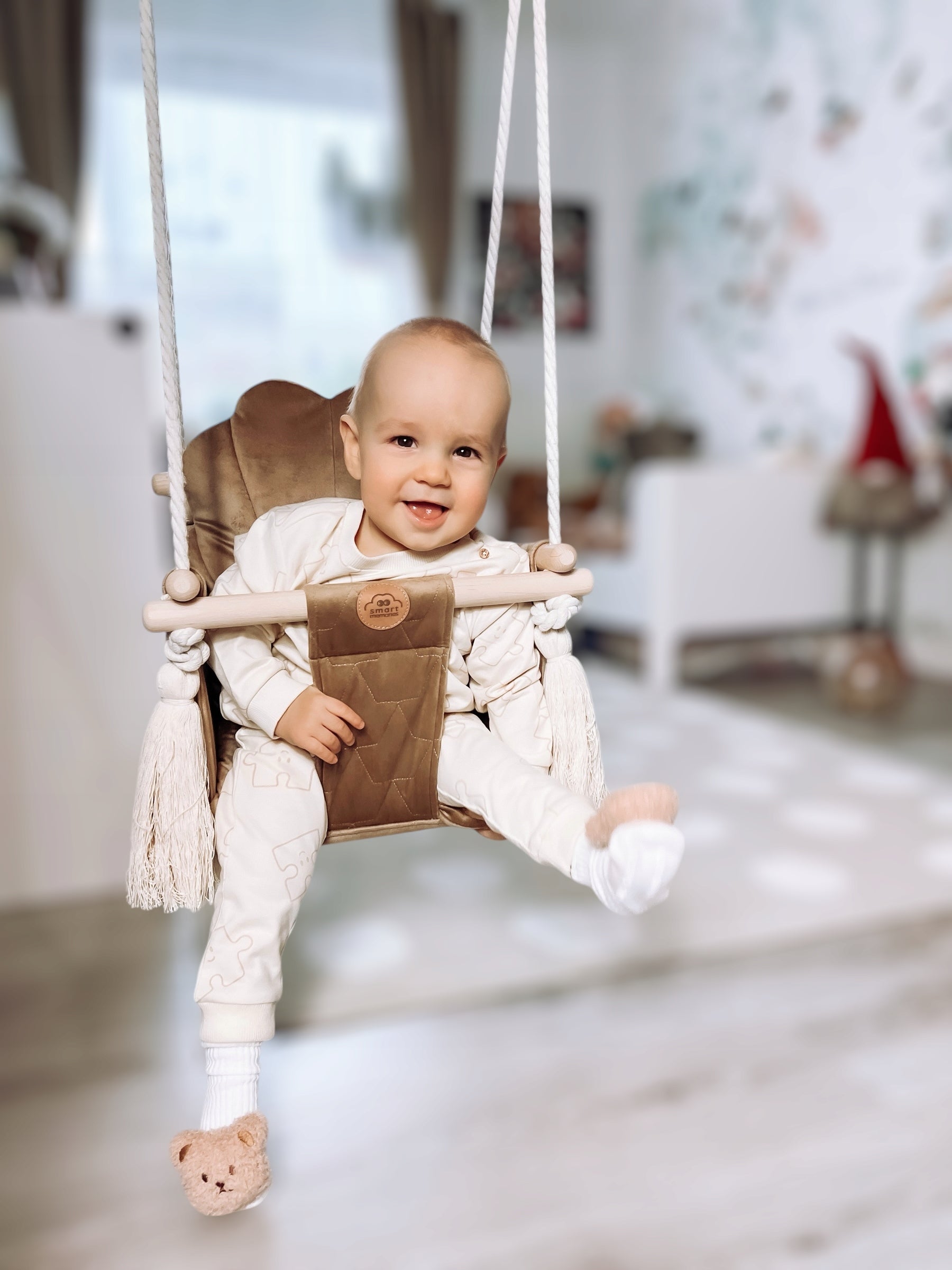 Wooden swing for children grey velvet silver Packaging status original
