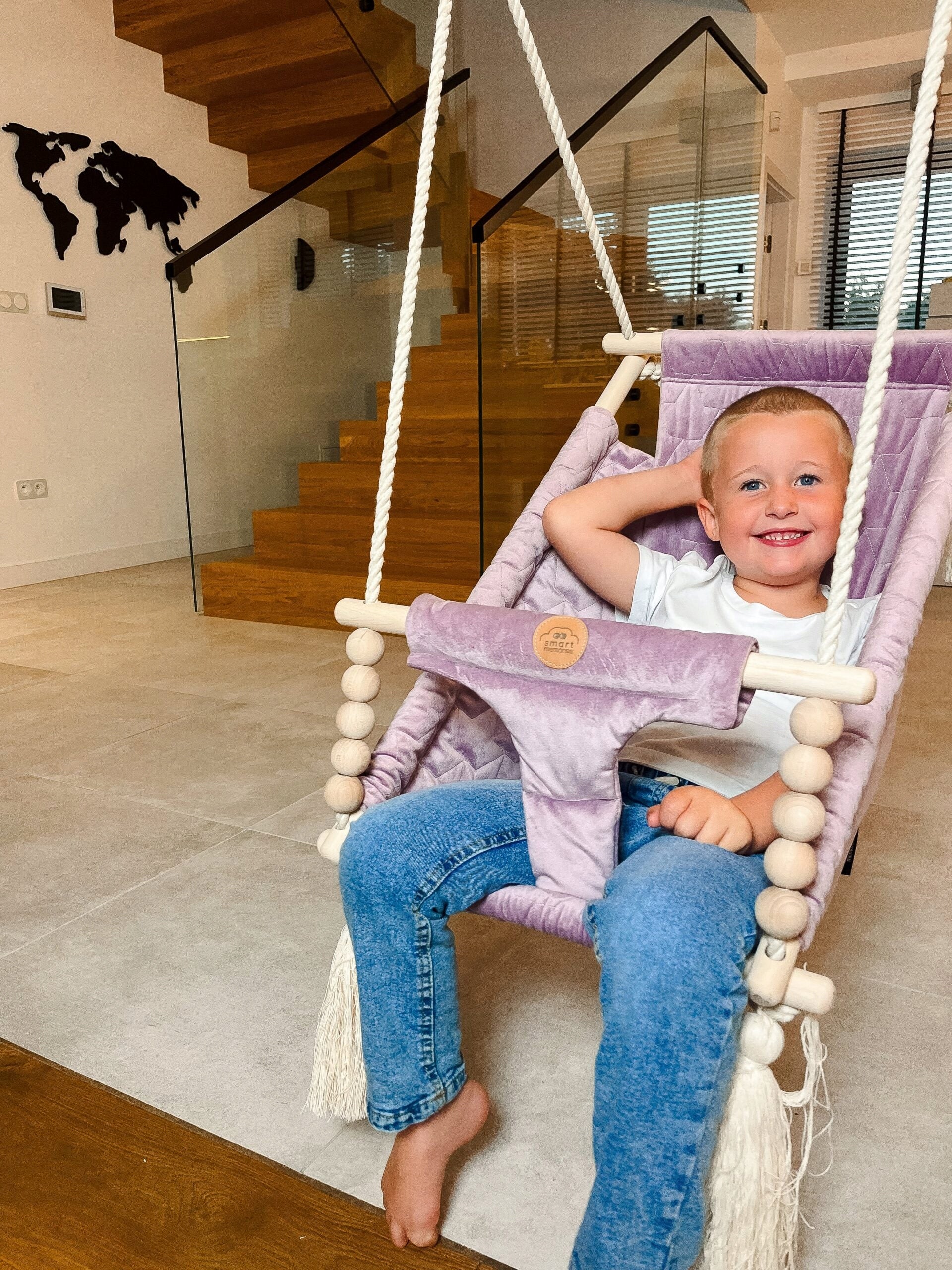 Wooden swing lounger cradle for children to the room - velvet pink Packaging status original