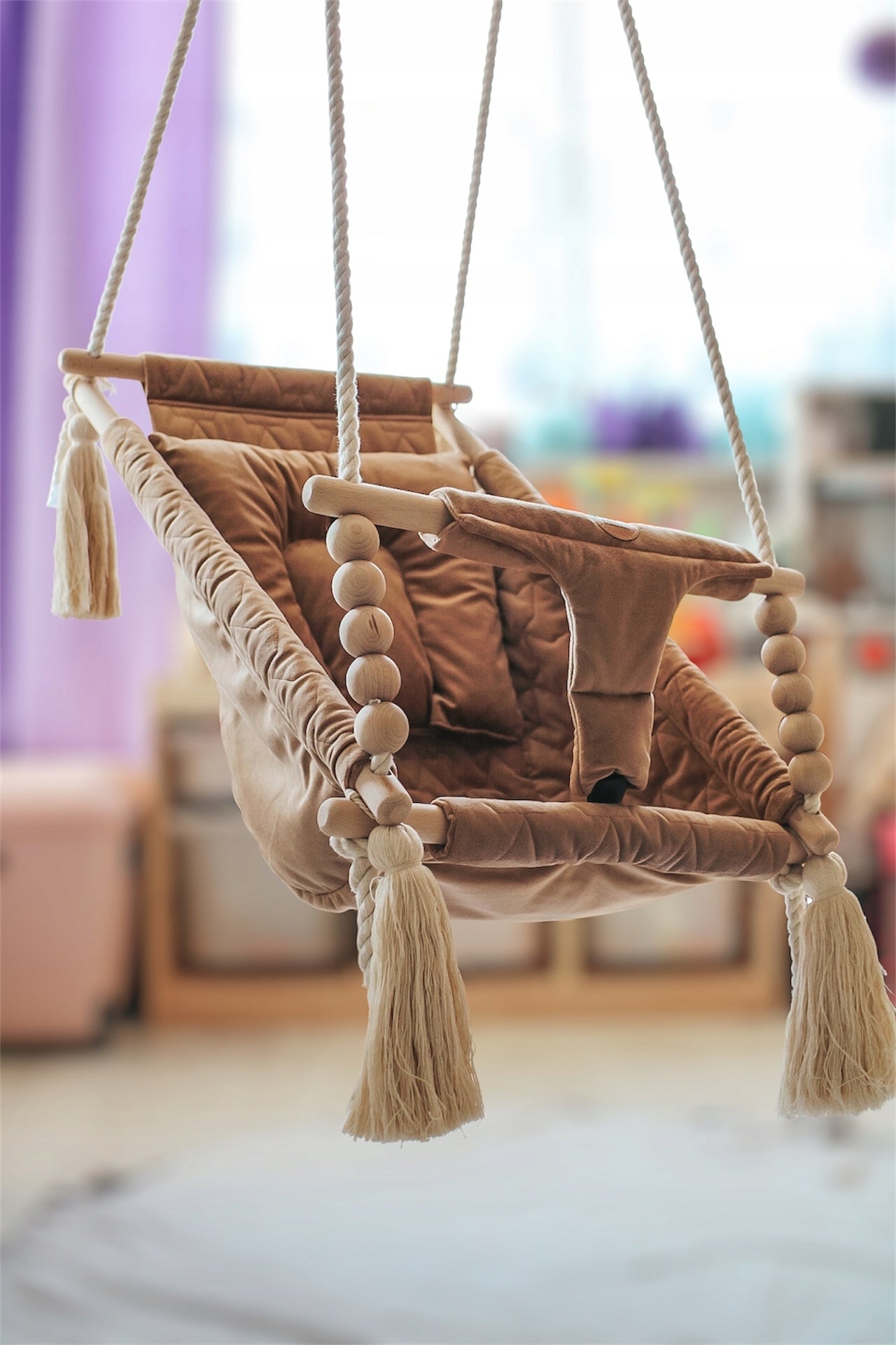 Wooden swing lounger velvet camel beige brown Packaging status original