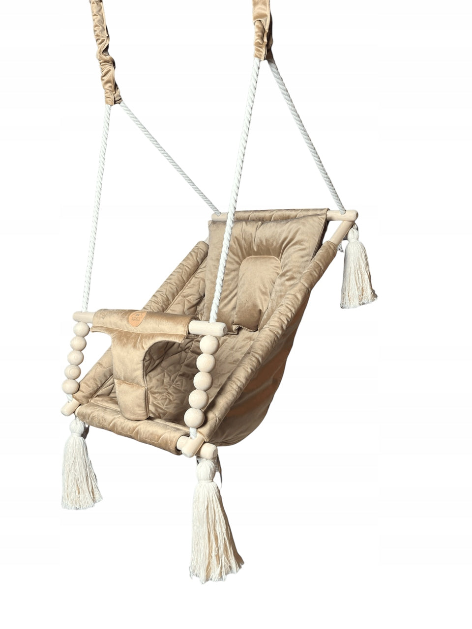 Wooden swing lounger velvet camel beige brown