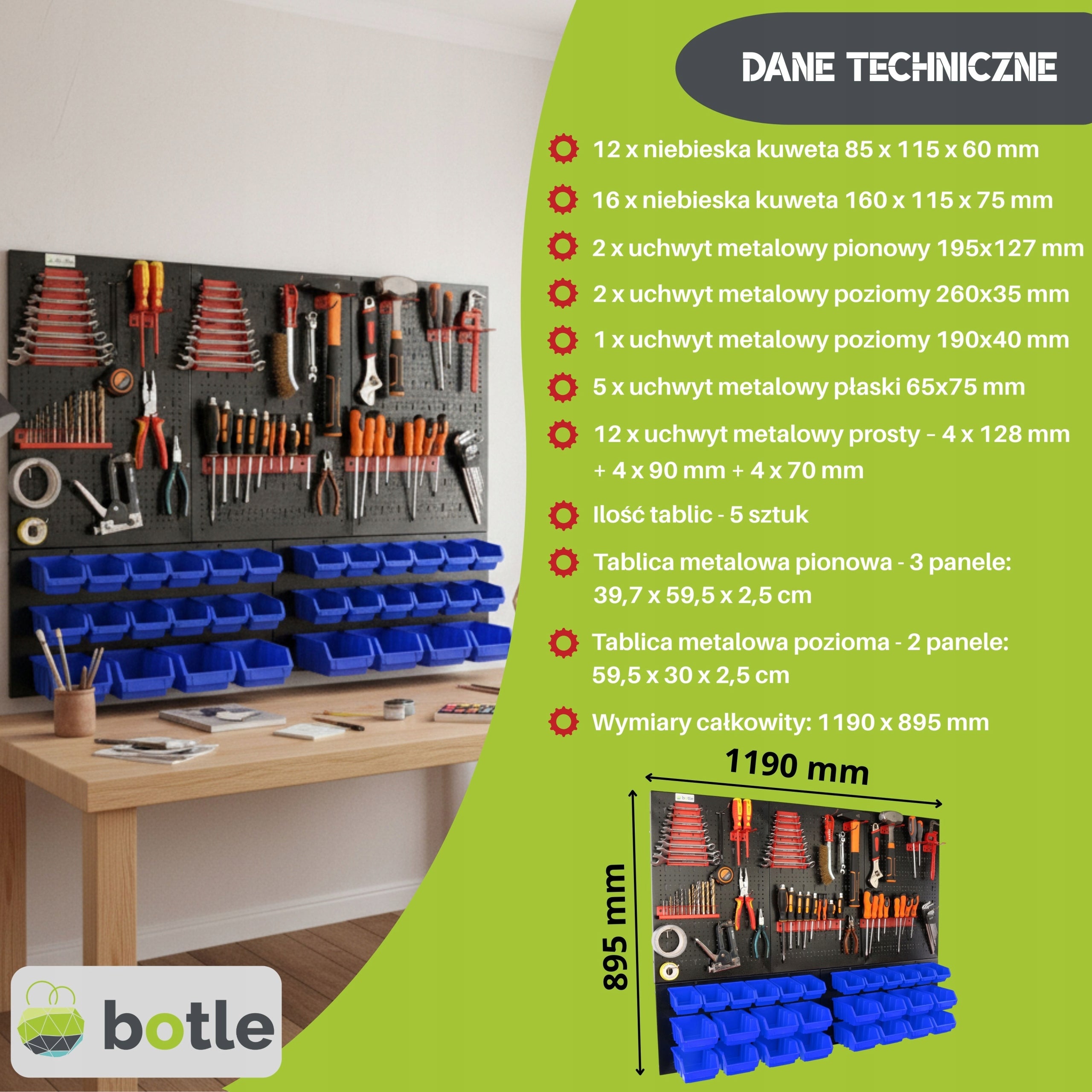 Workshop board botle 120x90cm metal 28 containers blue hooks Brand Botle