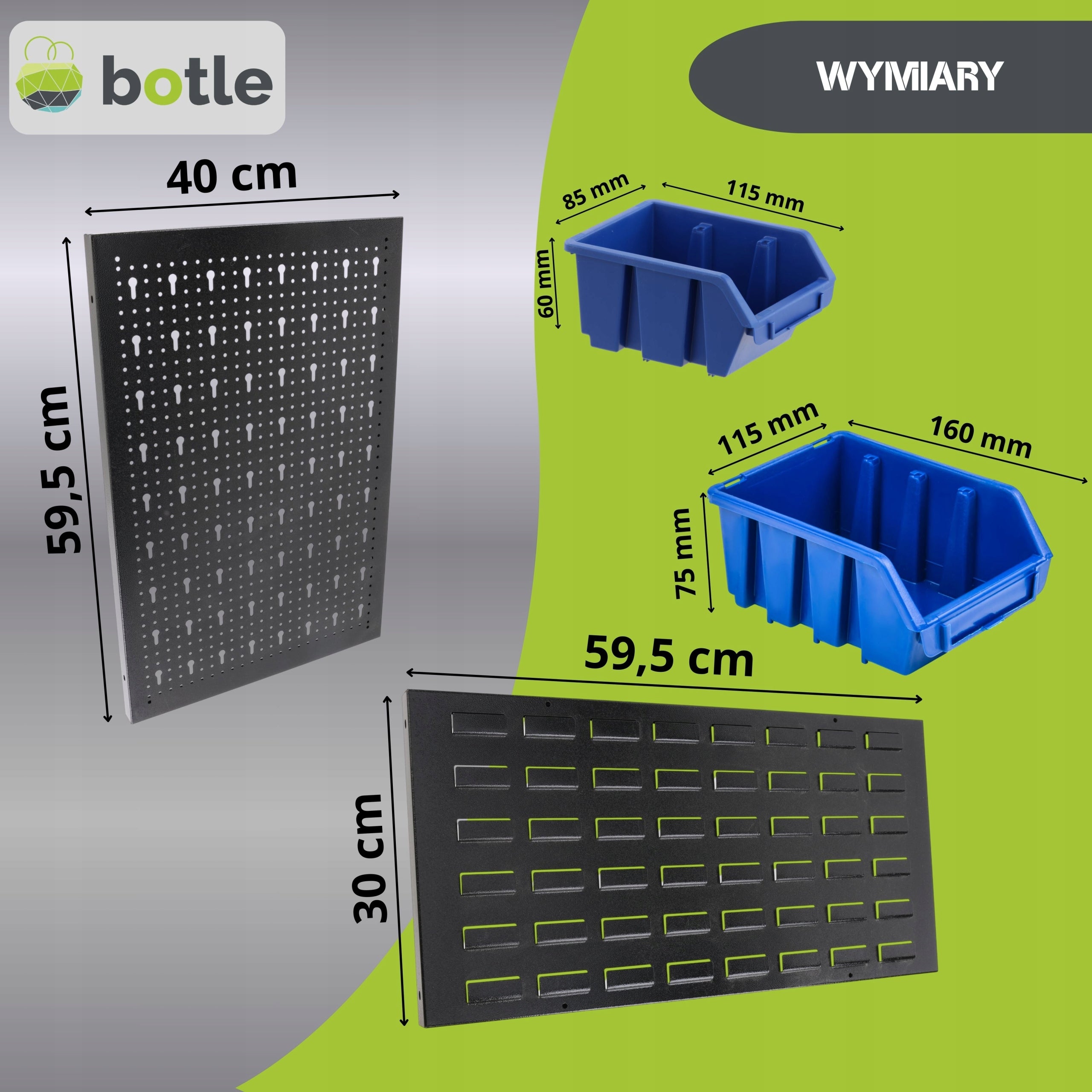 Workshop board botle 120x90cm metal 28 containers blue hooks Kind pegboard
