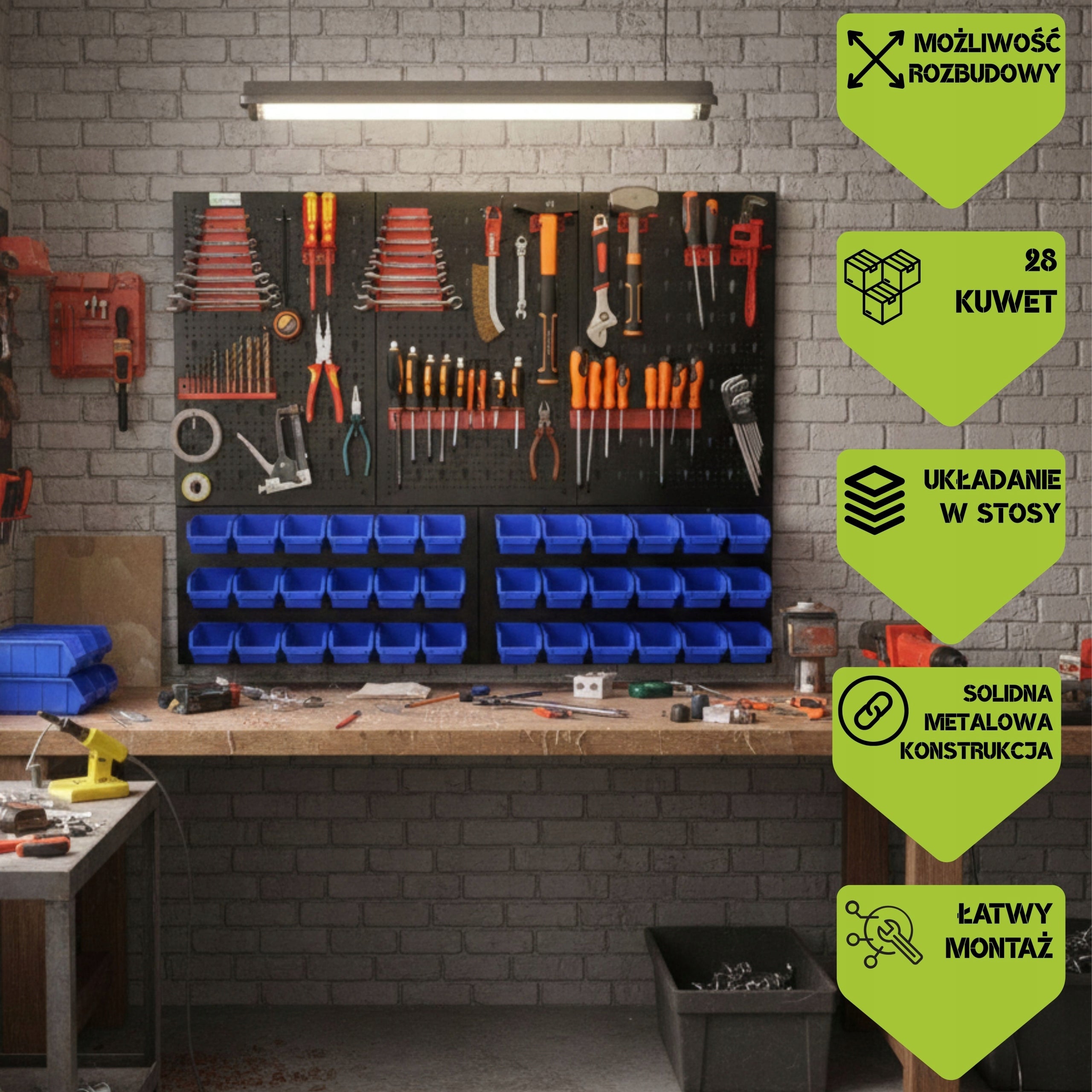 Workshop board botle 120x90cm metal 28 containers blue hooks Product height 90 cm