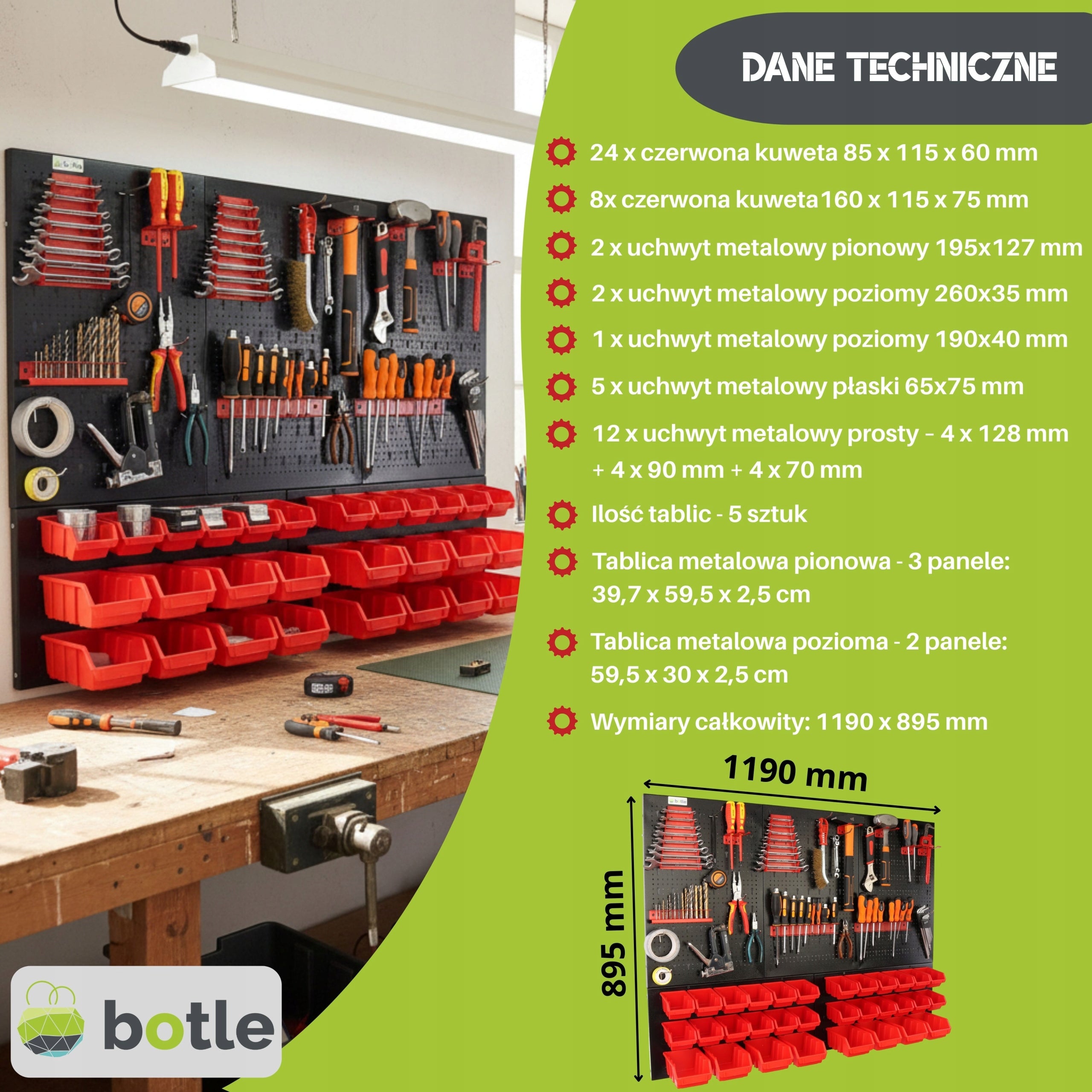 Workshop board botle 120x90cm metal 32 containers red hooks Brand Botle