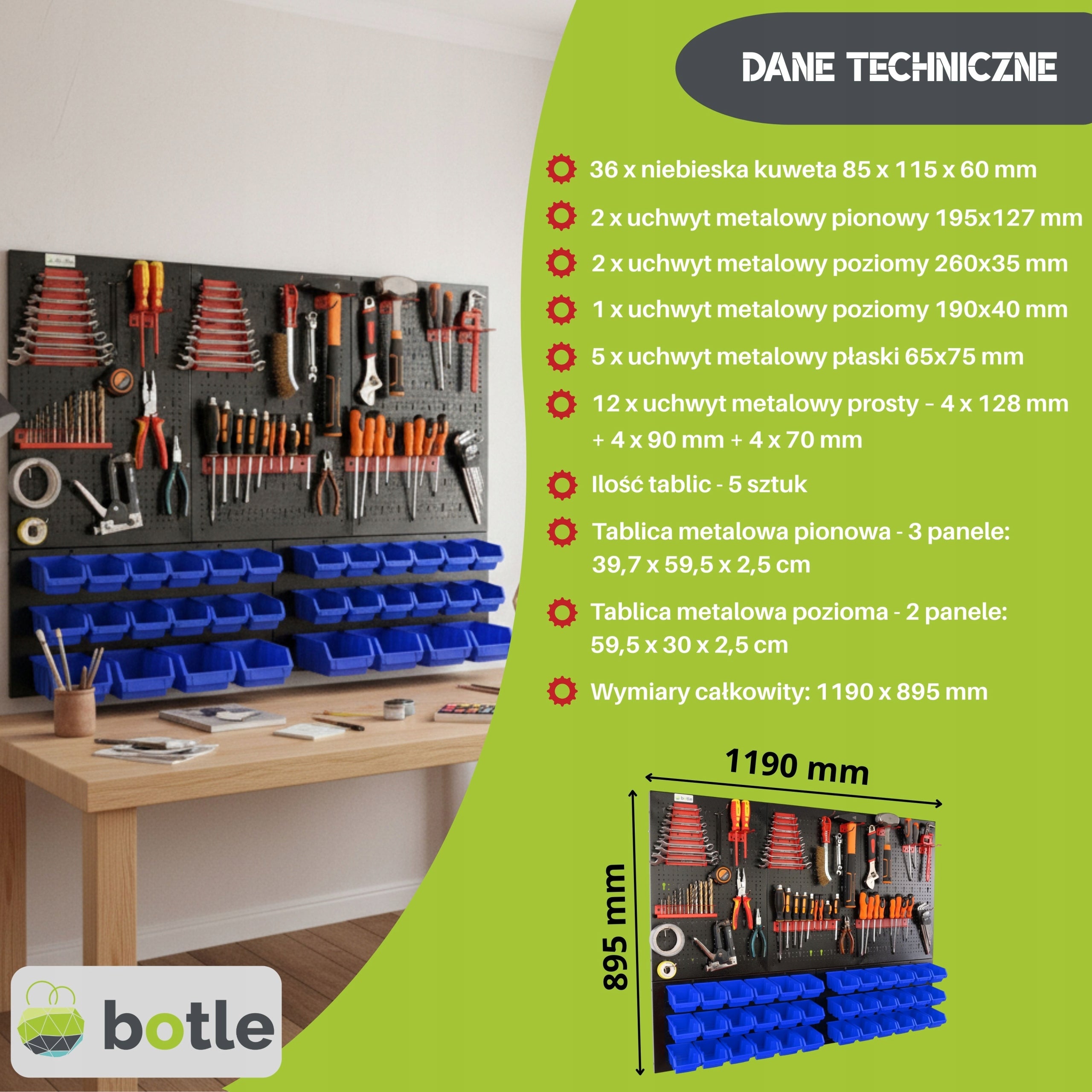 Workshop board botle 120x90cm metal 36x container blue handles Brand Botle