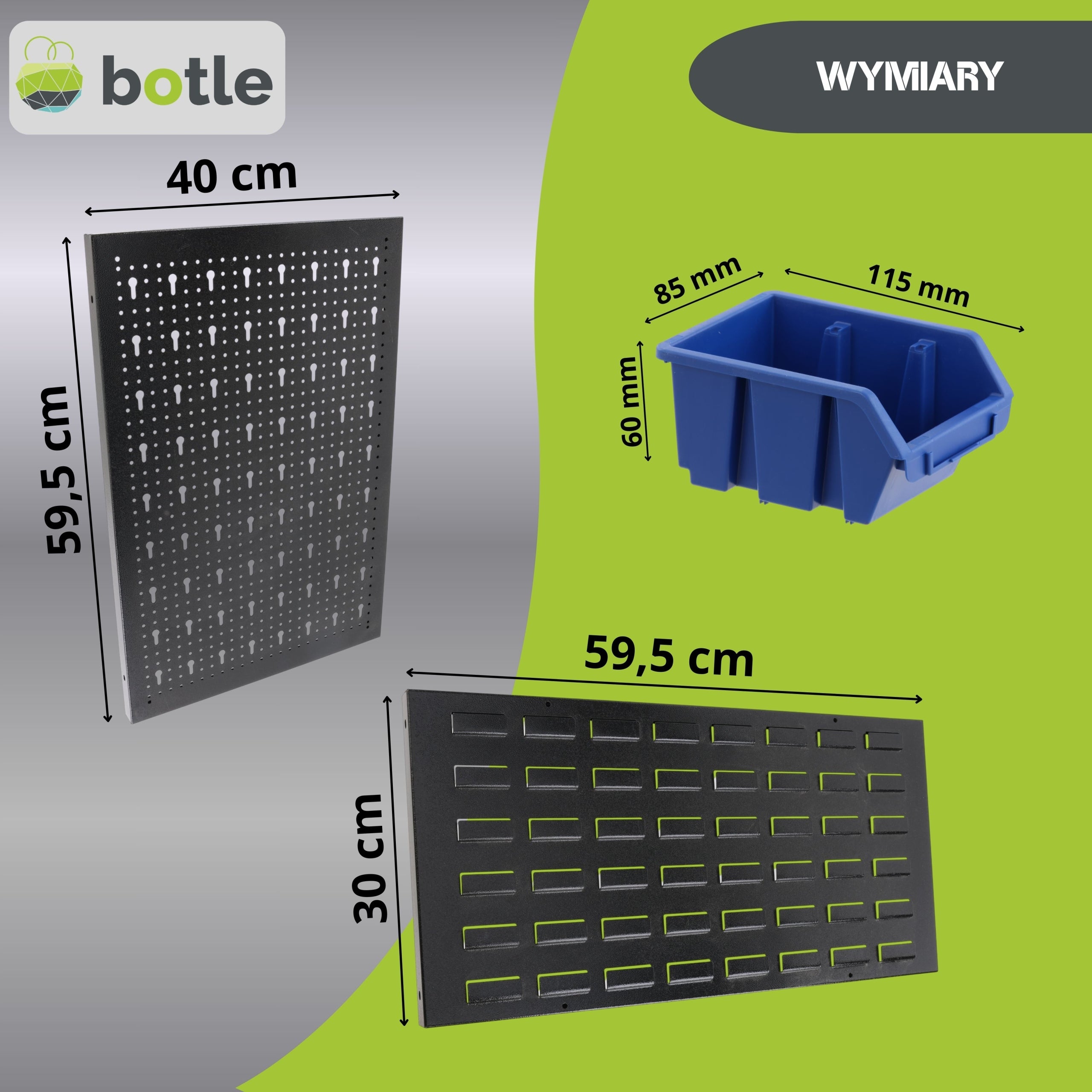 Workshop board botle 120x90cm metal 36x container blue handles Kind pegboard