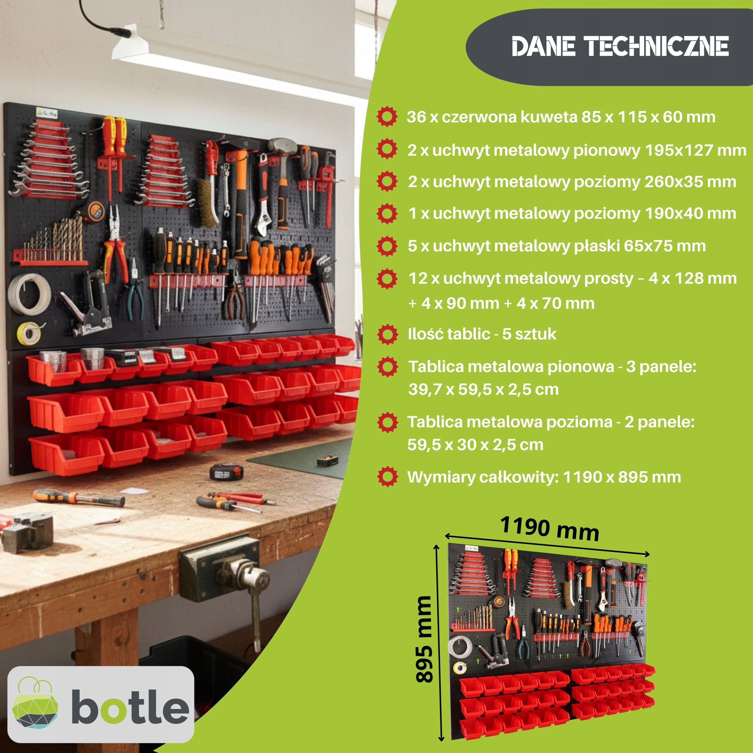 Workshop board botle 120x90cm metal 36x container red handles Brand Botle