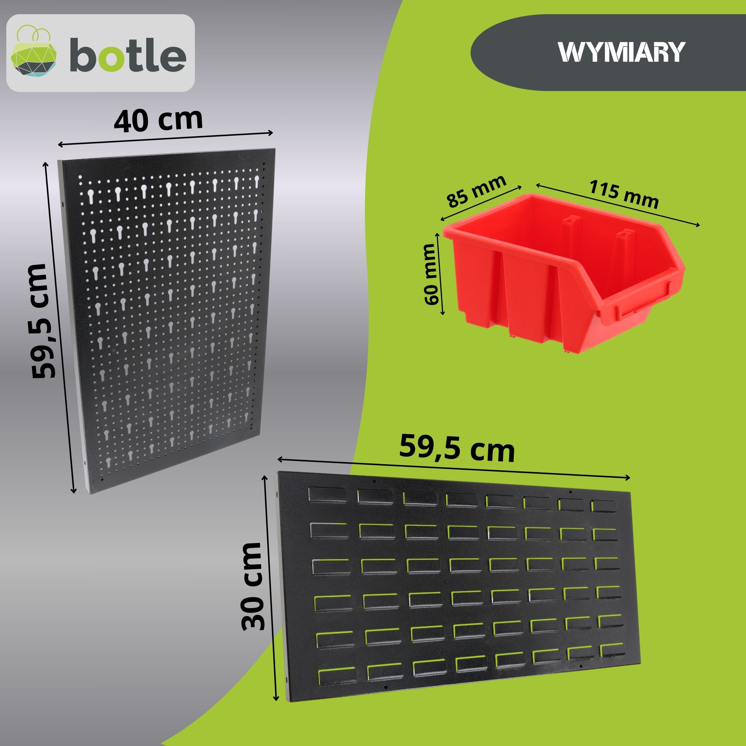 Workshop board botle 120x90cm metal 36x container red handles Kind pegboard