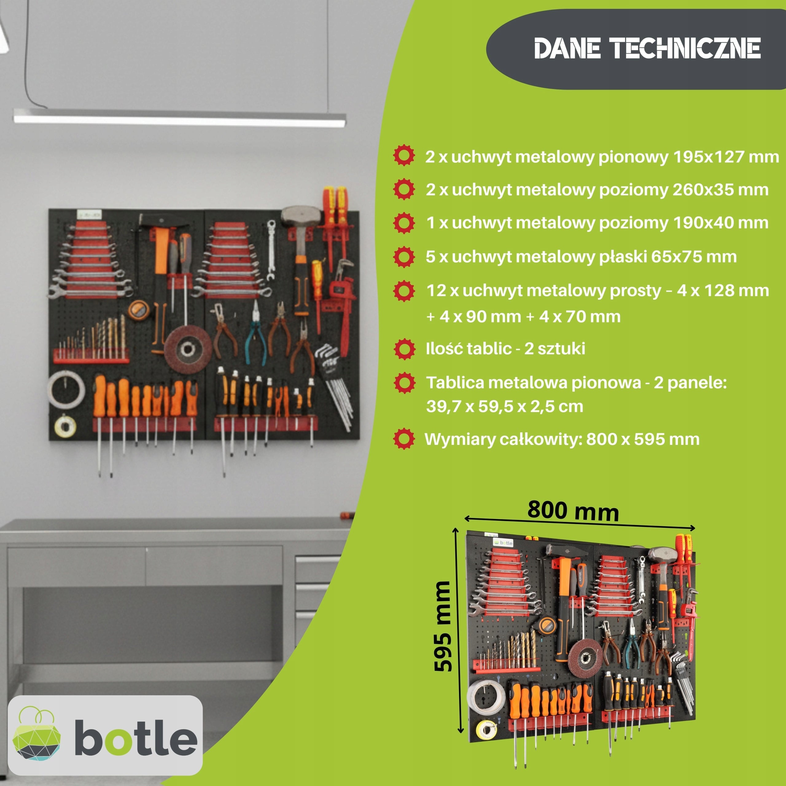Workshop board botle 80x60 cm metal + set of 22 handles and shelves steel Brand Botle