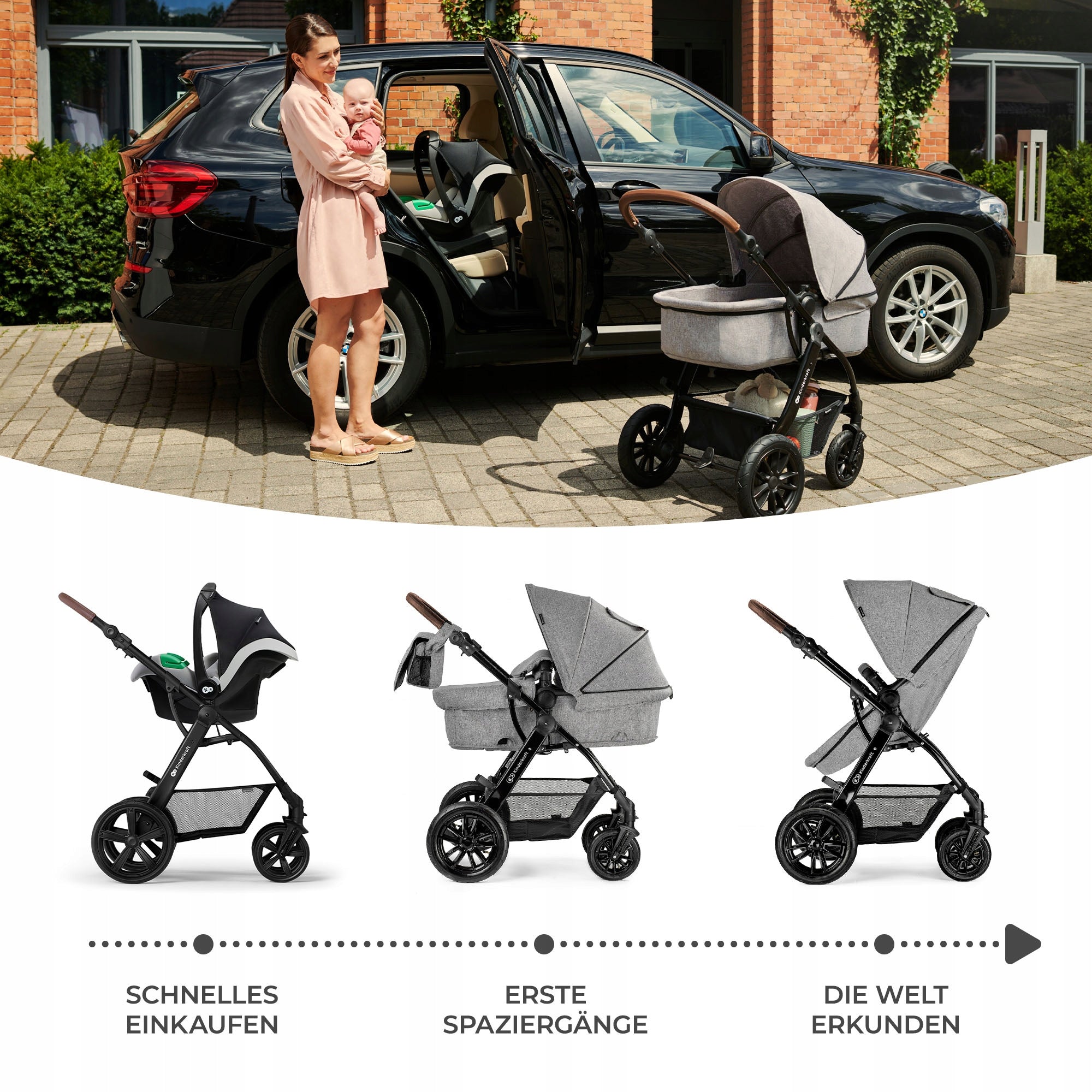 Kinderkraft Universal-Kinderwagen Moov Mink Pro 3in1, Grey Melange 