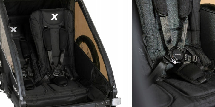 X-Lander Booster 2 PRO double multi-functional 3in1 bicycle trailer Additional features shock absorption safety flag rain cover jogger function brake pockets stroller front wheel included axle-mounted mosquito net hi-vis reflectors 5-point harness pumped wheels cargo space adjustable backrest adjustable handles foldable trailer design bicycle trailer hook