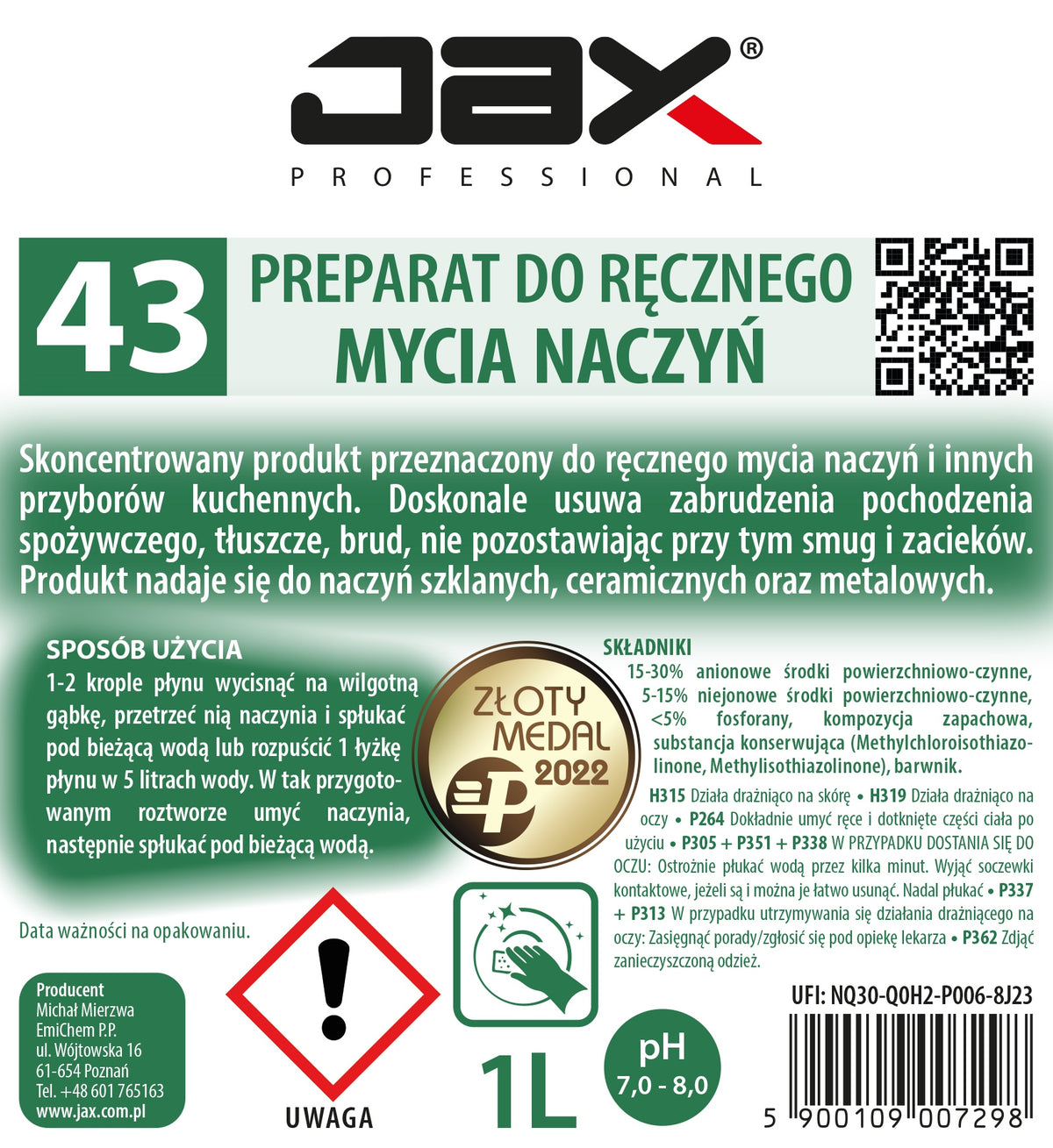 X3 JAX PROFESSIONAL 43 1L - LIQUID FOR HAND WASHING GLASSWARE, Manufacturer code 43